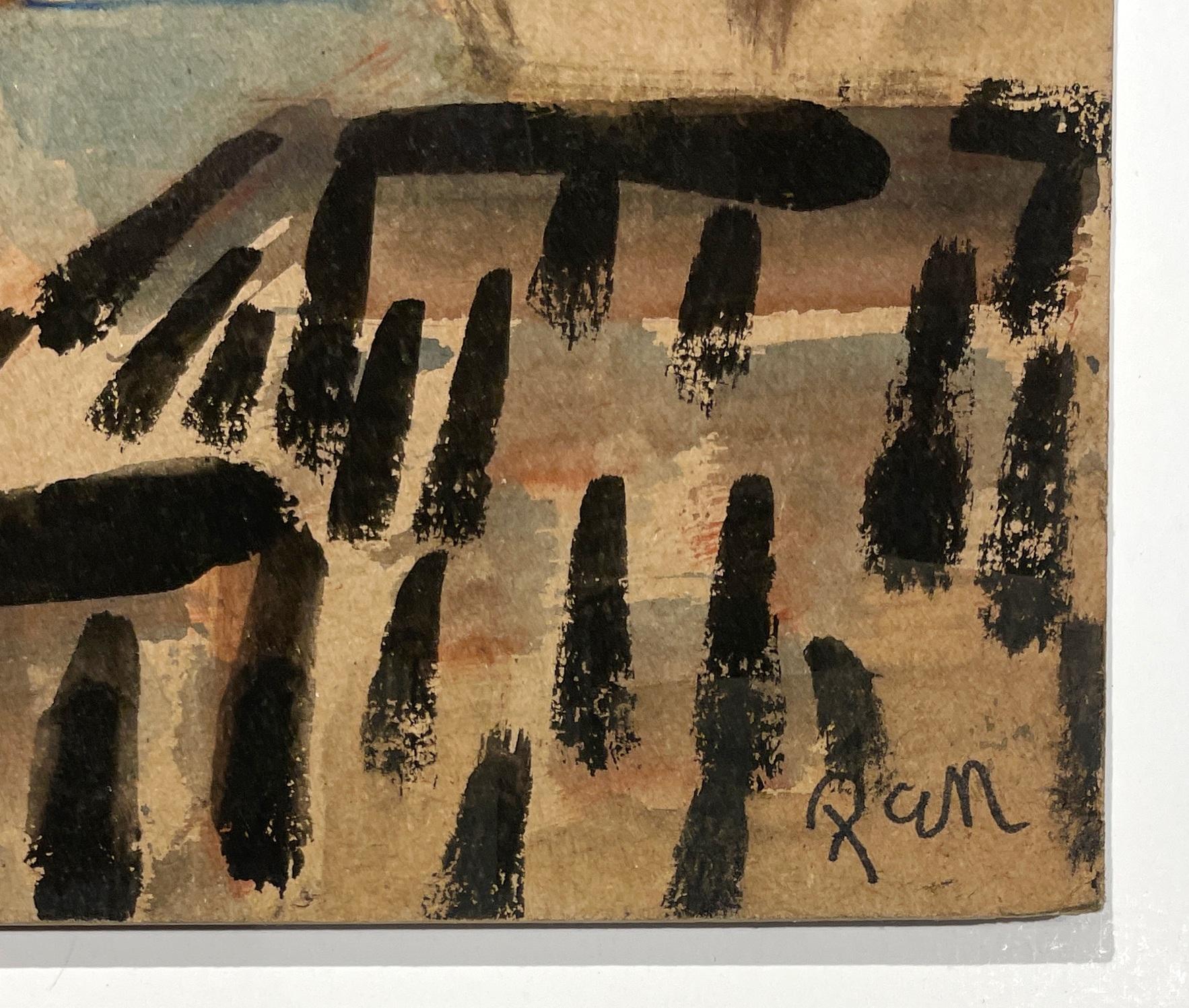 Une aquarelle saisissante, datant des années 1960, de style moderne du milieu du siècle, représentant des toits de villes européennes, peinte à partir d'un autobus urbain.  Rudolph Pen appréciait ces compositions novatrices sur les toits des villes,