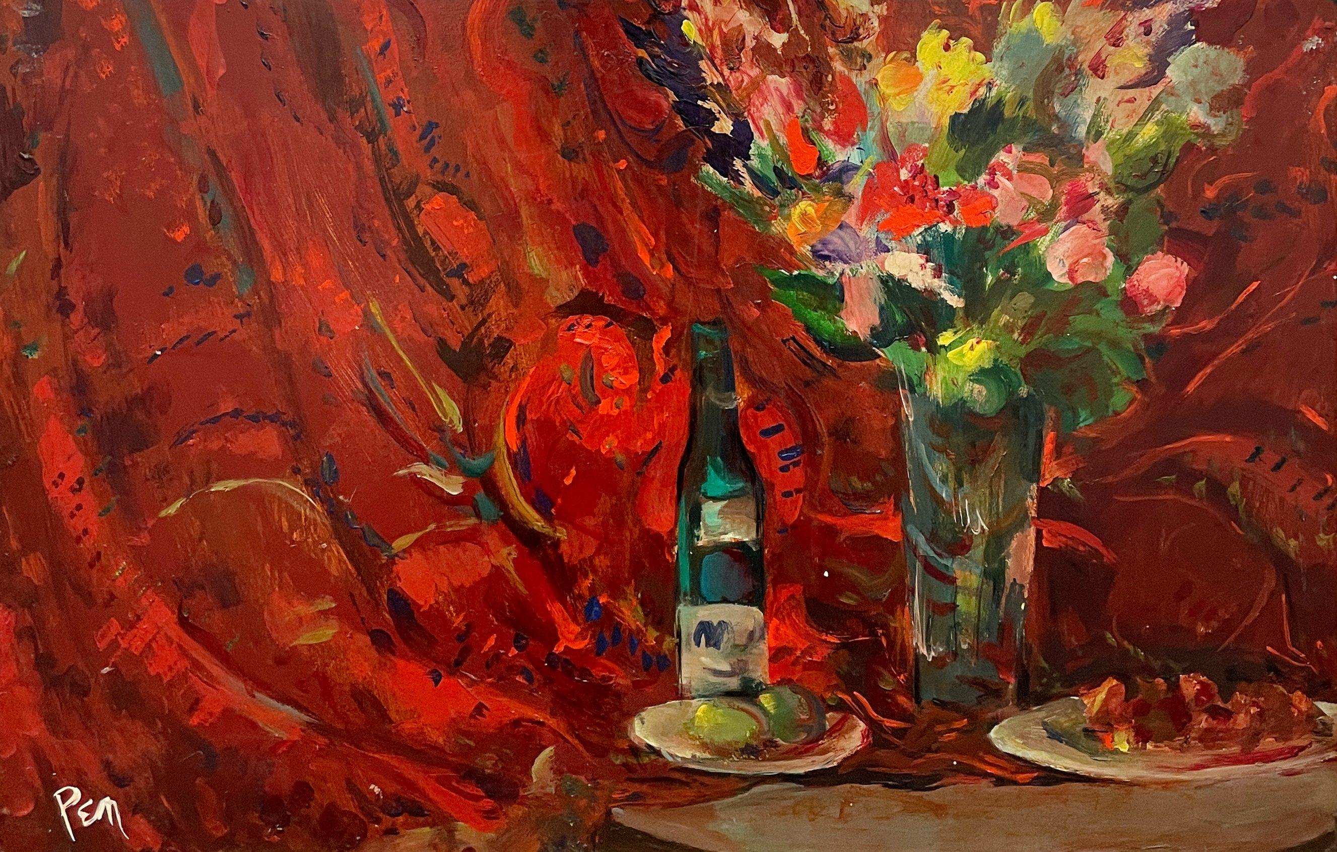 A Vibrant, Colorful 1950s Mid-Century Modern Still Life Painting by Rudolph Pen