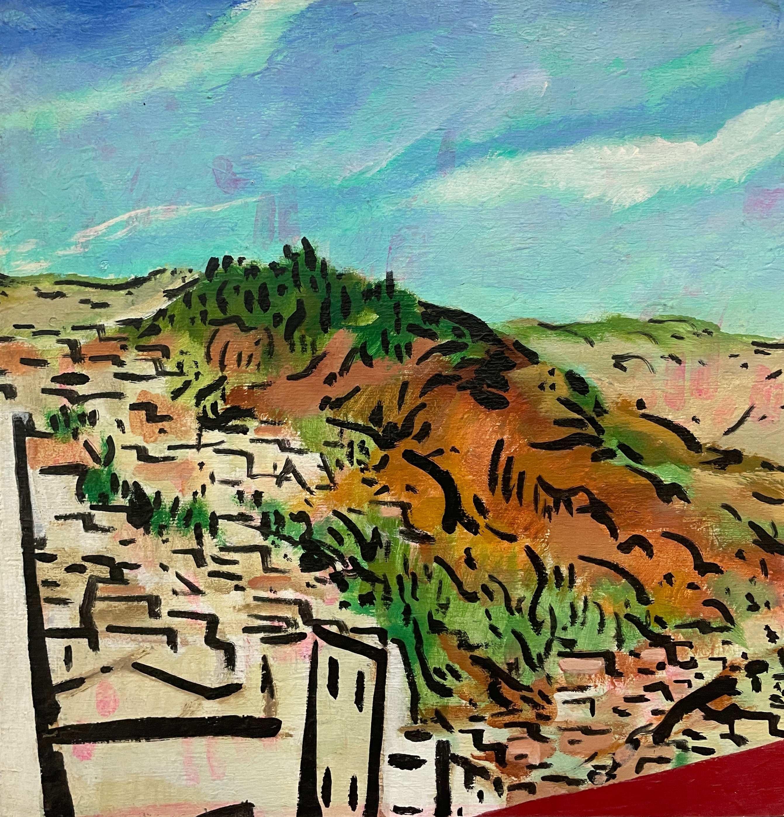 A Vibrant, Colorful Mid-Century Modern Painting of a Mountain Village, Rooftops - Gray Landscape Painting by Rudolph Pen