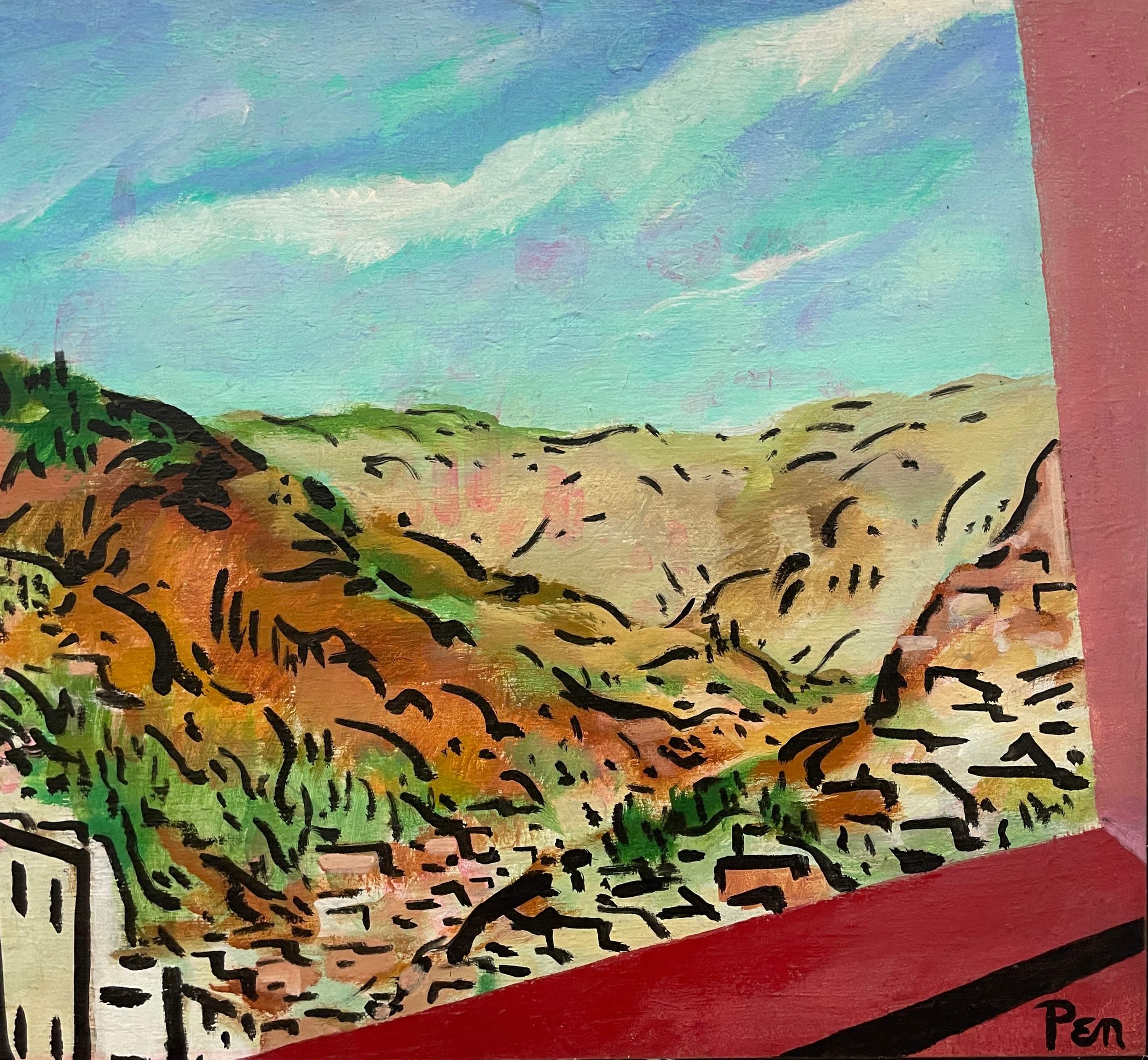 A Vibrant, Colorful Mid-Century Modern Painting of a European Mountain Village, Rooftops by Noted Chicago Artist, Rudolph Pen. .  An brilliantly colored, expansive European landscape painting painted from an open studio window, depicting rooftops of
