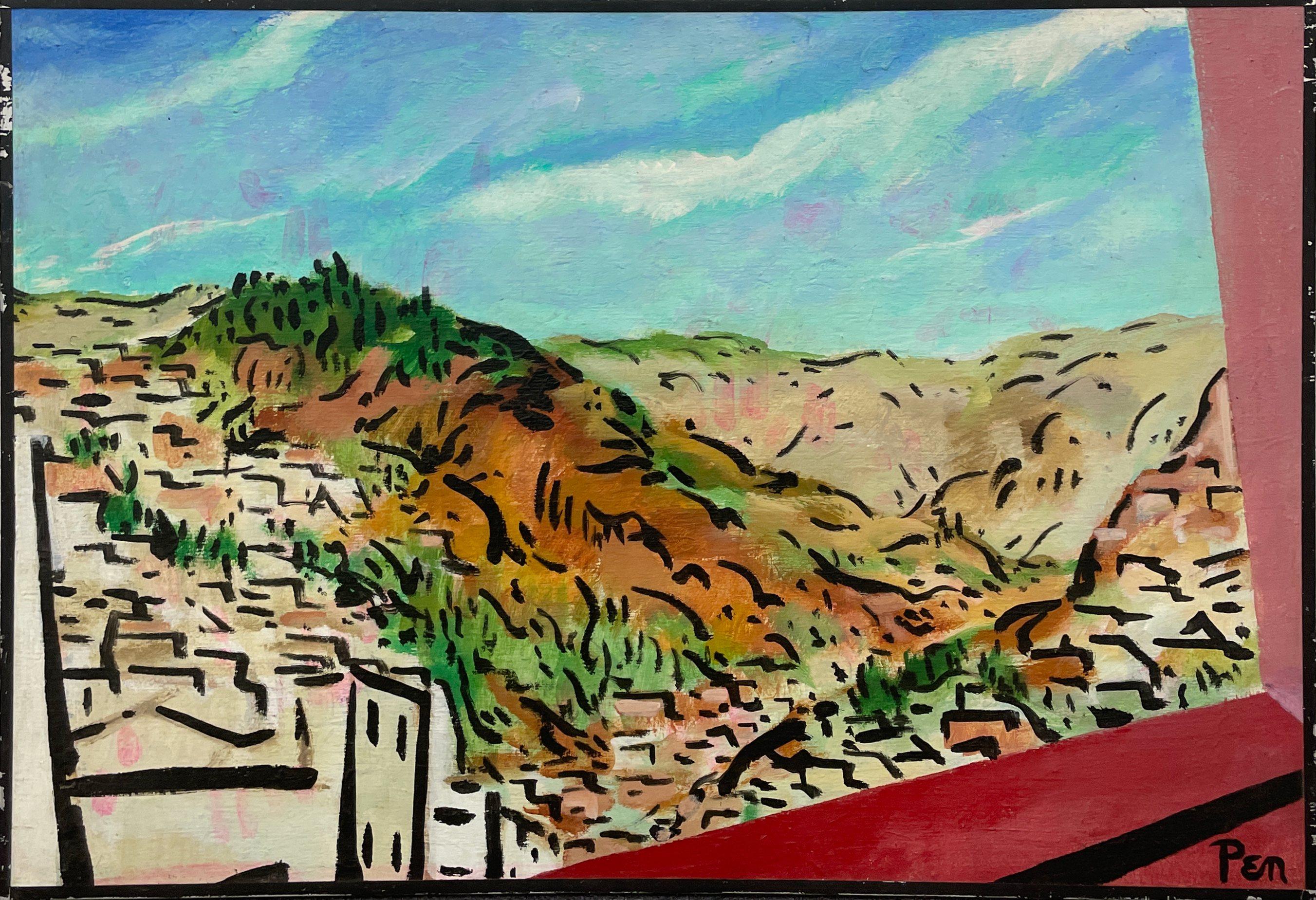 A Vibrant, Colorful Mid-Century Modern Painting of a Mountain Village, Rooftops For Sale 1