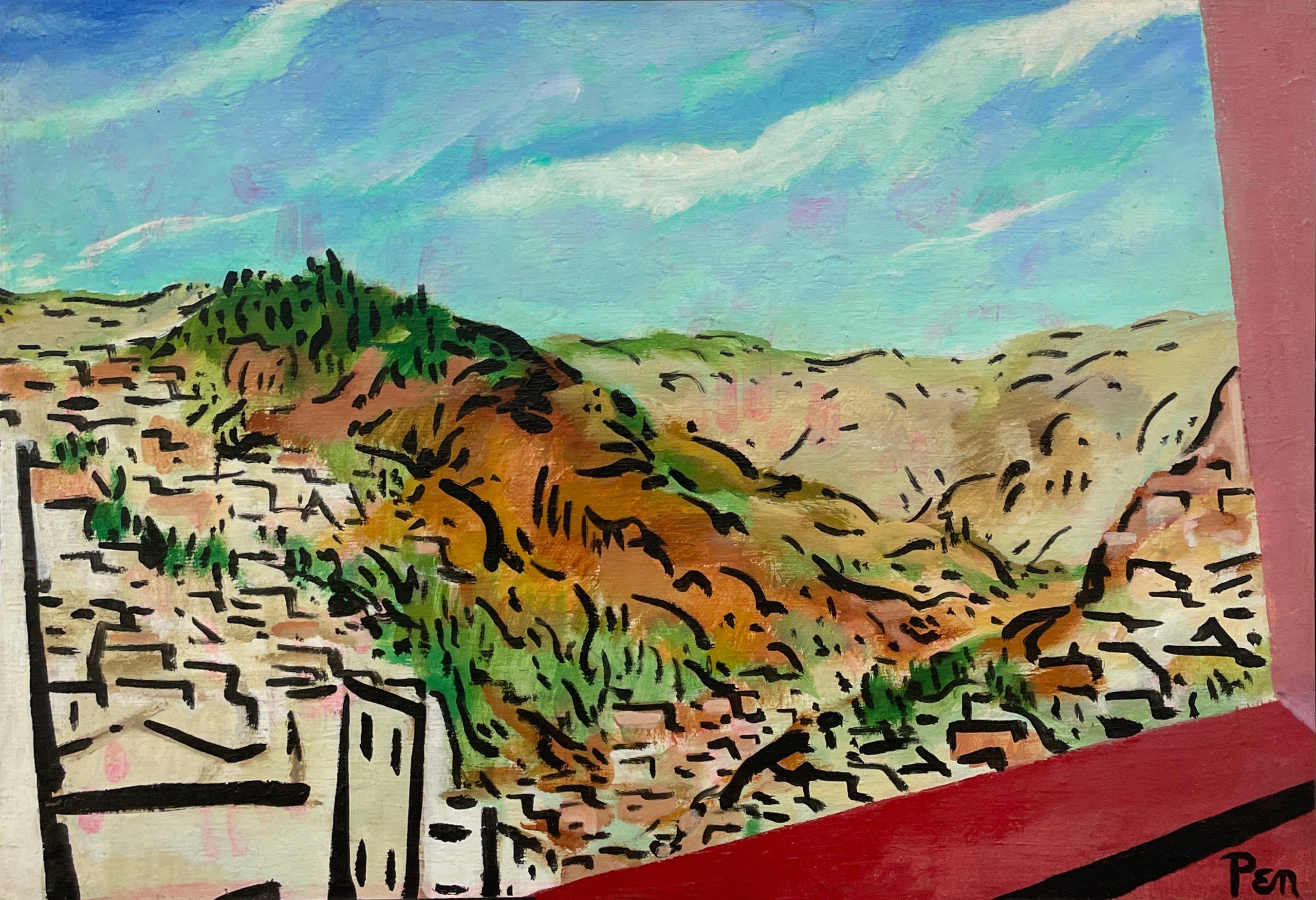 Rudolph Pen Landscape Painting - A Vibrant, Colorful Mid-Century Modern Painting of a Mountain Village, Rooftops