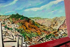 Un dipinto vibrante e colorato di un villaggio di montagna, sui tetti, della metà del secolo scorso