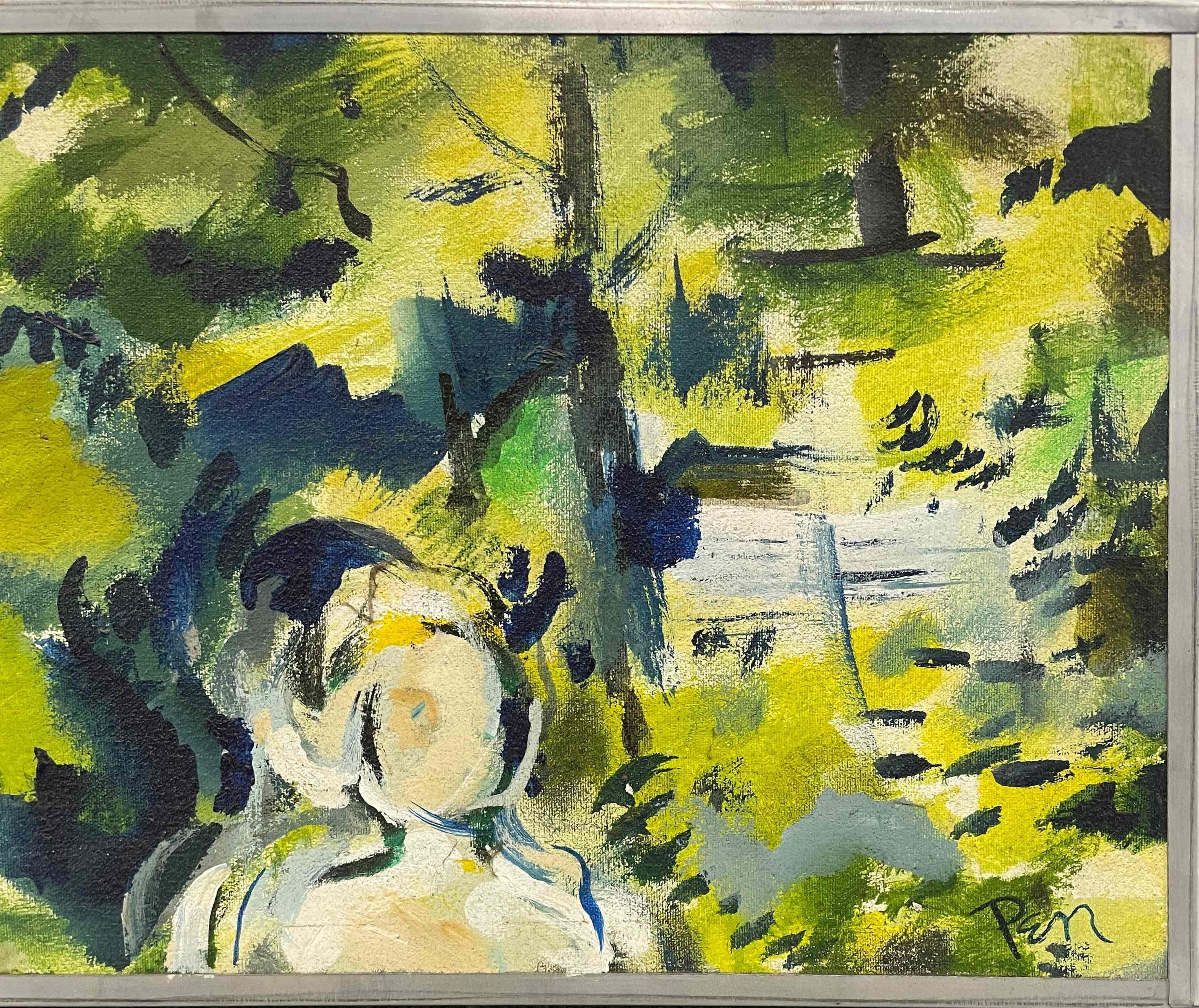Eine lebhafte, farbenfrohe Sommerlandschaft aus der Mitte des Jahrhunderts, Oxbow School, Saugatuck, MI (Schwarz), Landscape Painting, von Rudolph Pen
