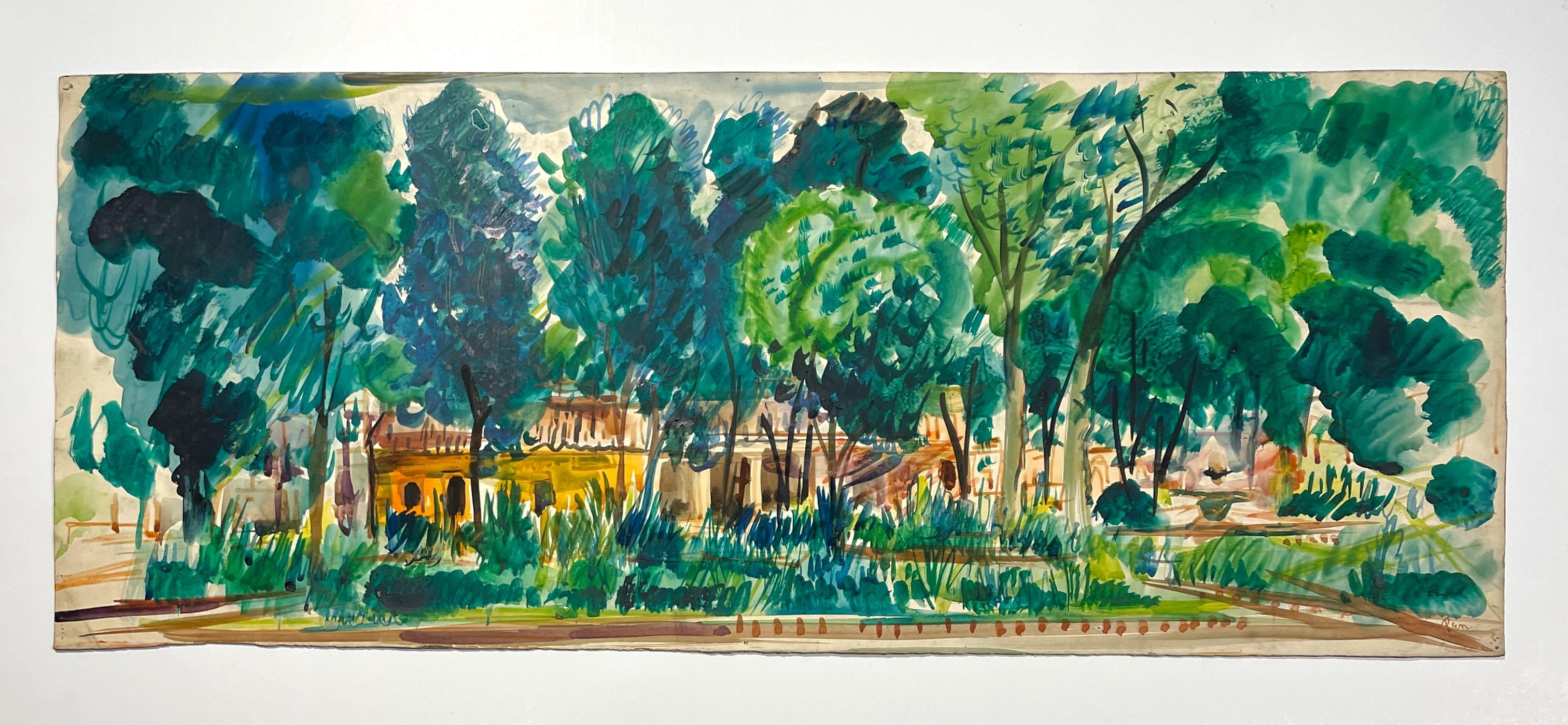 A Vivid, Expansive Watercolor of Mexico, Summer Landscape with Country Villa - Painting by Rudolph Pen