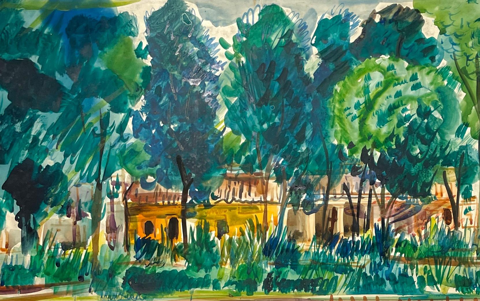 A Vivid, Expansive Watercolor of Mexico, Summer Landscape with Country Villa - Blue Landscape Painting by Rudolph Pen