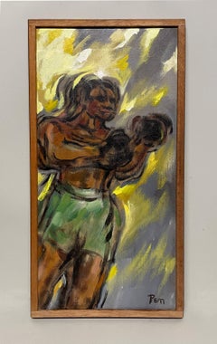 A Dynamic 1960s Mid-Century Modern Boxing Scene of a Standing Prize Fighter