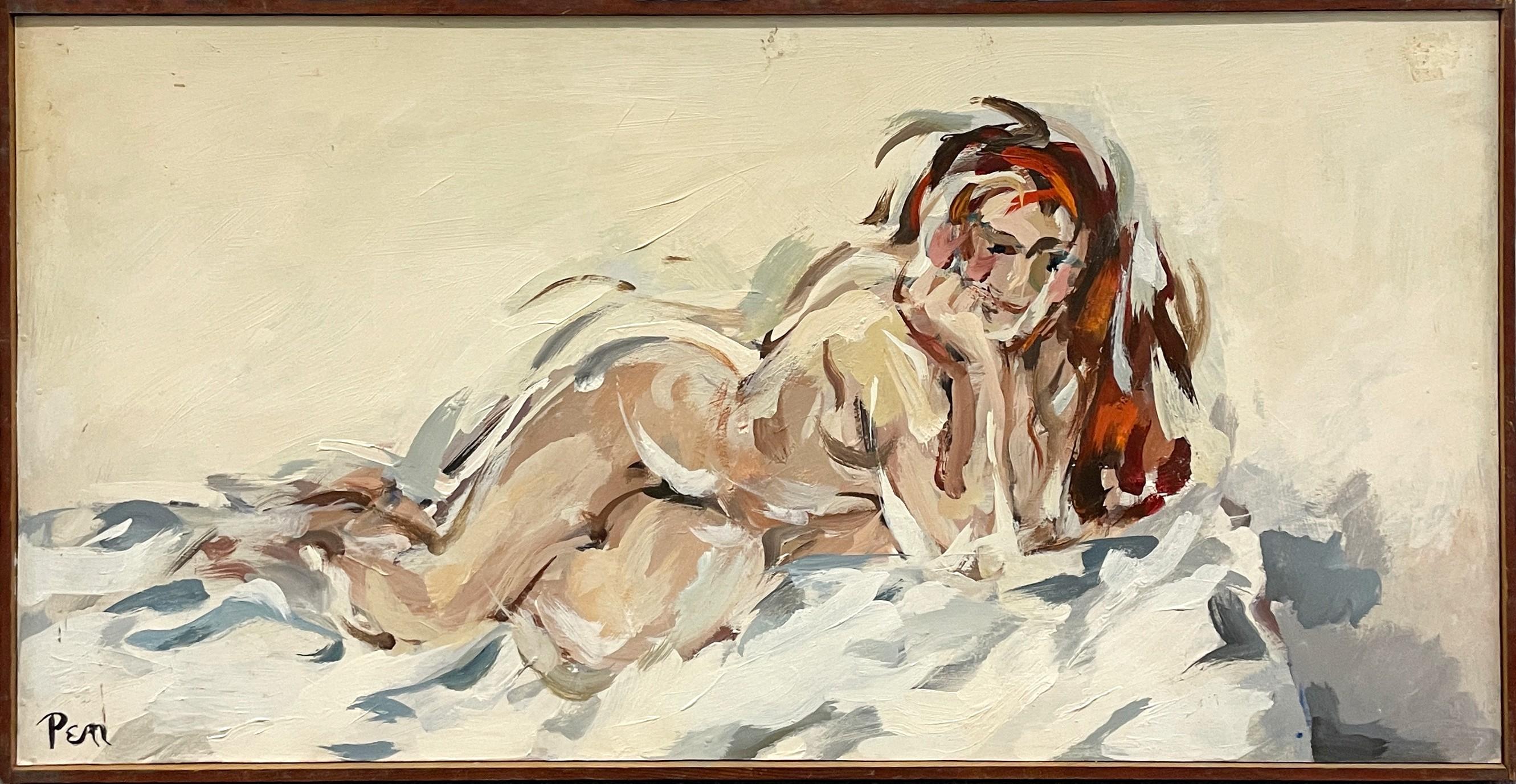 An Exceptional Mid-Century Modern Oil Painting of a Reclining Nude Female Model - Brown Nude Painting by Rudolph Pen