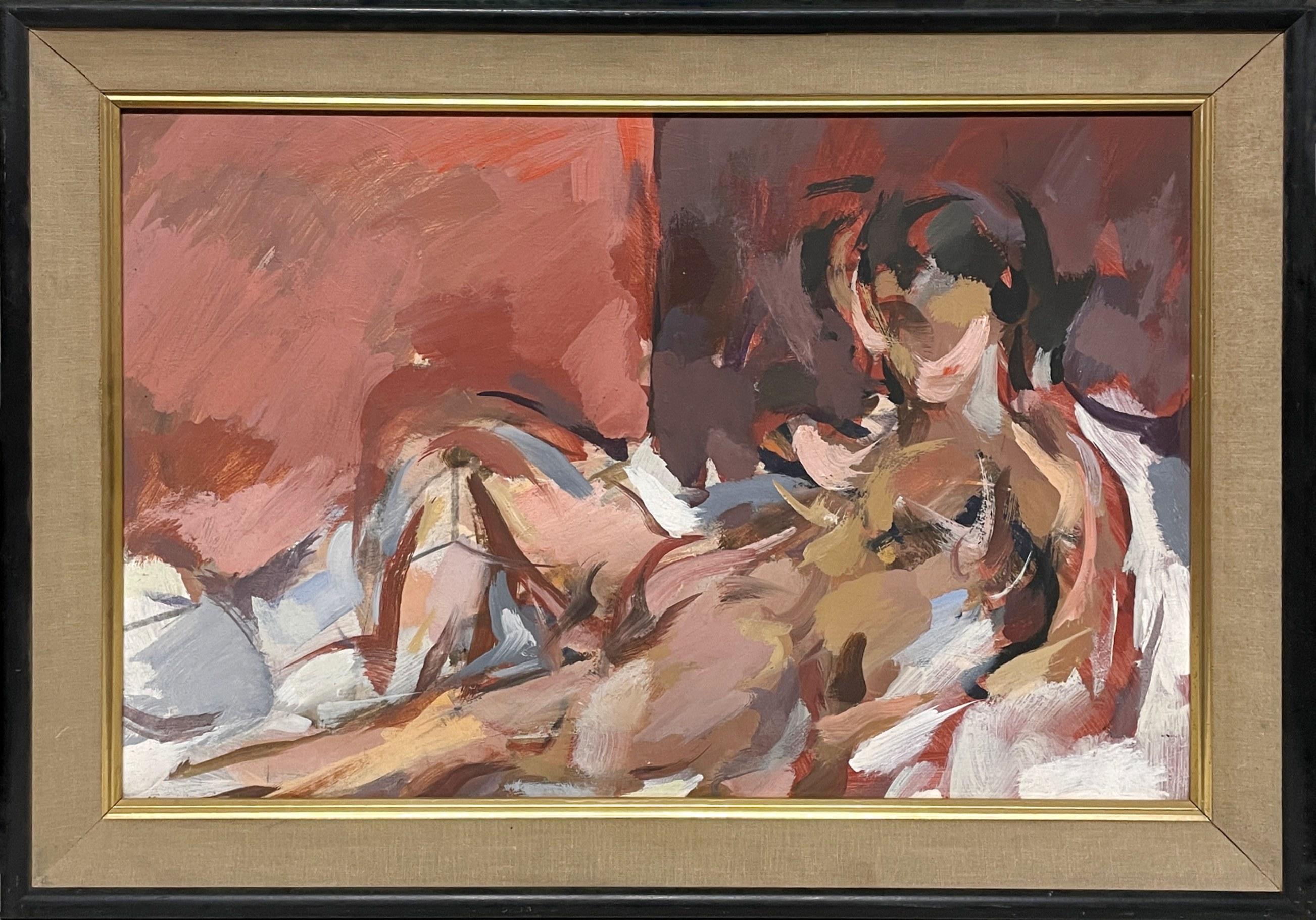 Exceptionnelle peinture à l'huile moderne du milieu du siècle dernier représentant un modèle féminin nu couché - Painting de Rudolph Pen