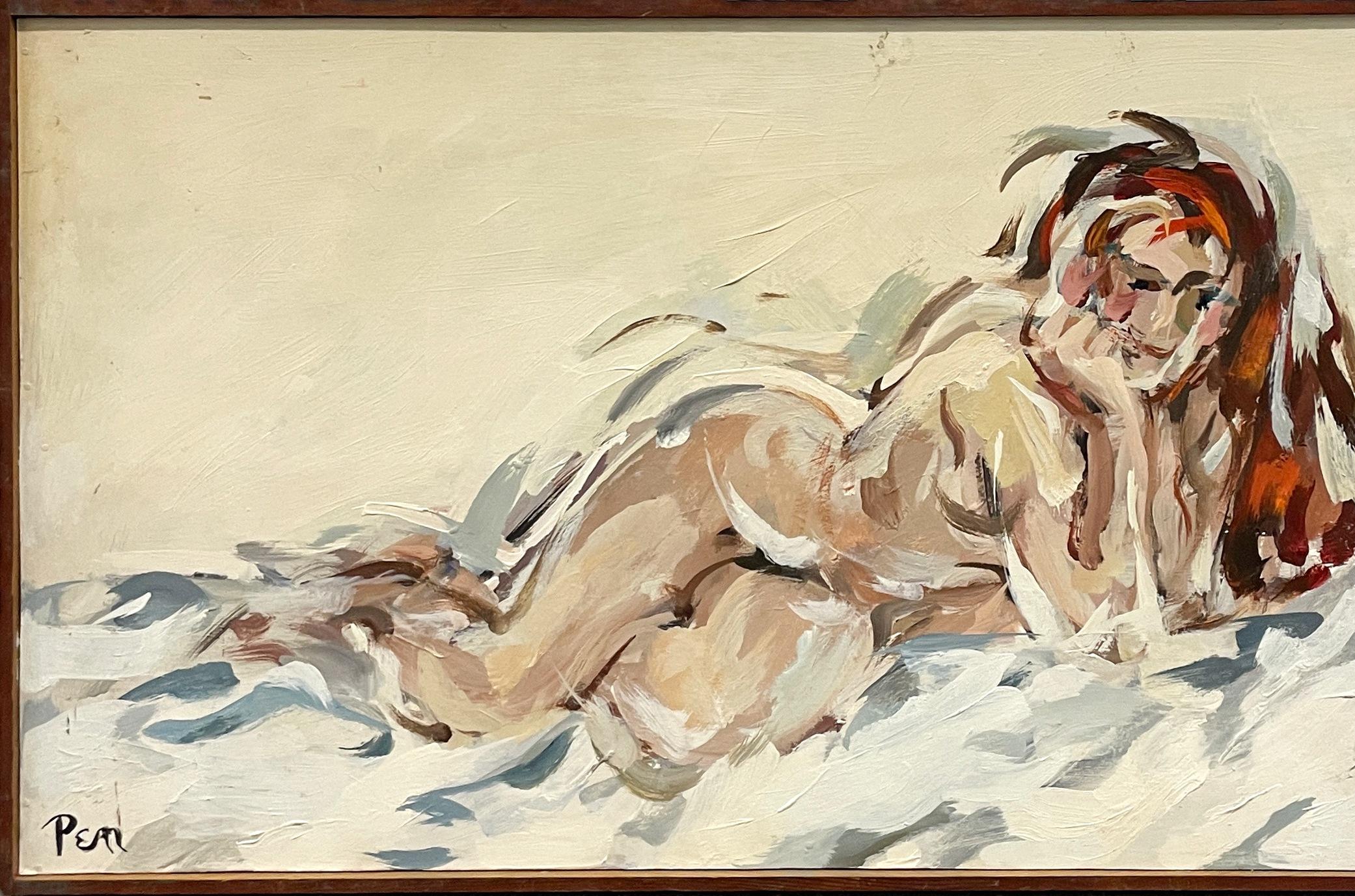 An Exceptional Mid-Century Modern Oil Painting of a Reclining Nude Female Model by Noted Chicago Artist, Rudolph Pen.  Painted in the 1960s, the painting exemplifies the stylized, abstracted, Modern figurative style of painting for which Pen was