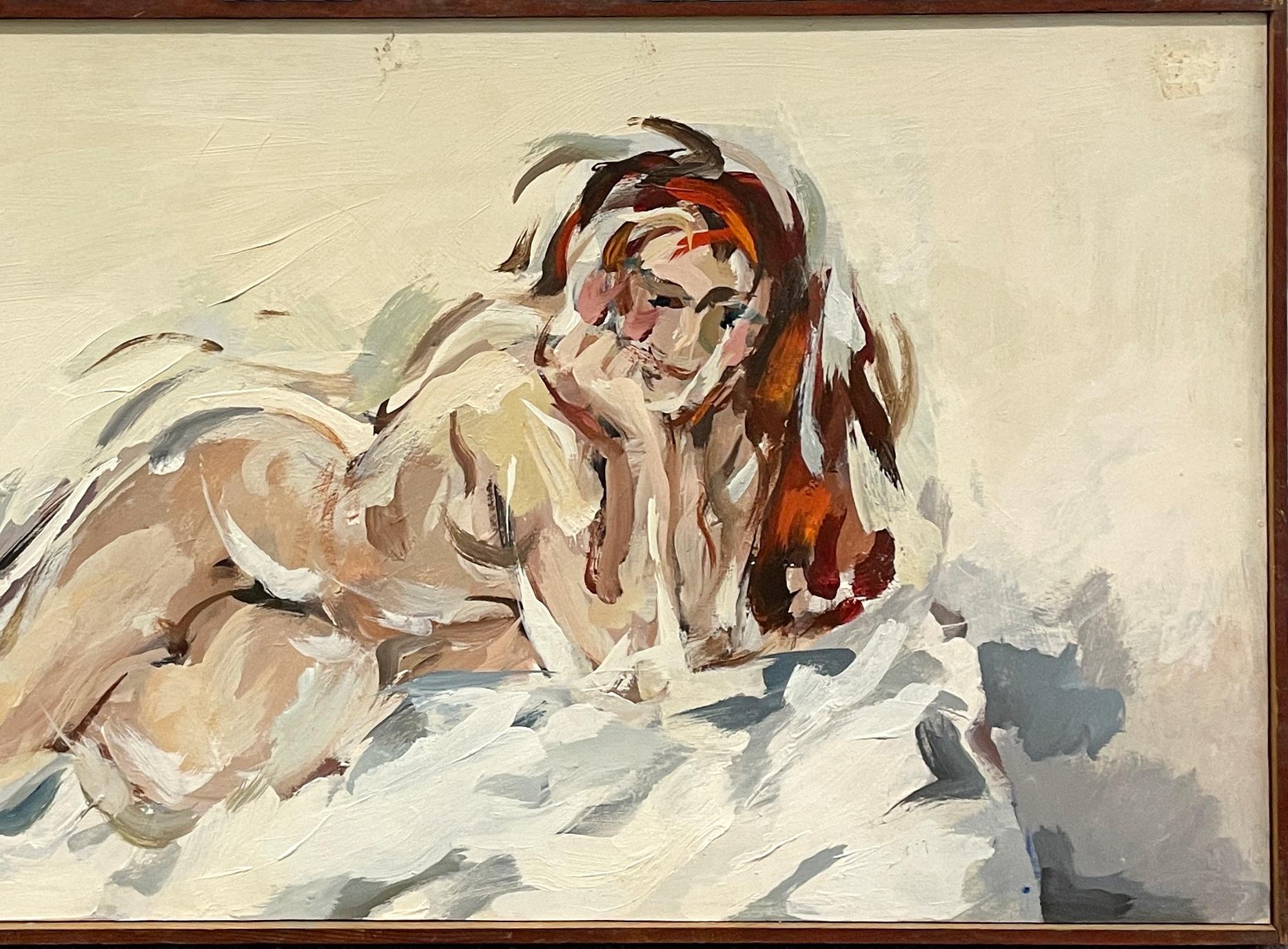 An Exceptional Mid-Century Modern Oil Painting of a Reclining Nude Female Model For Sale 1