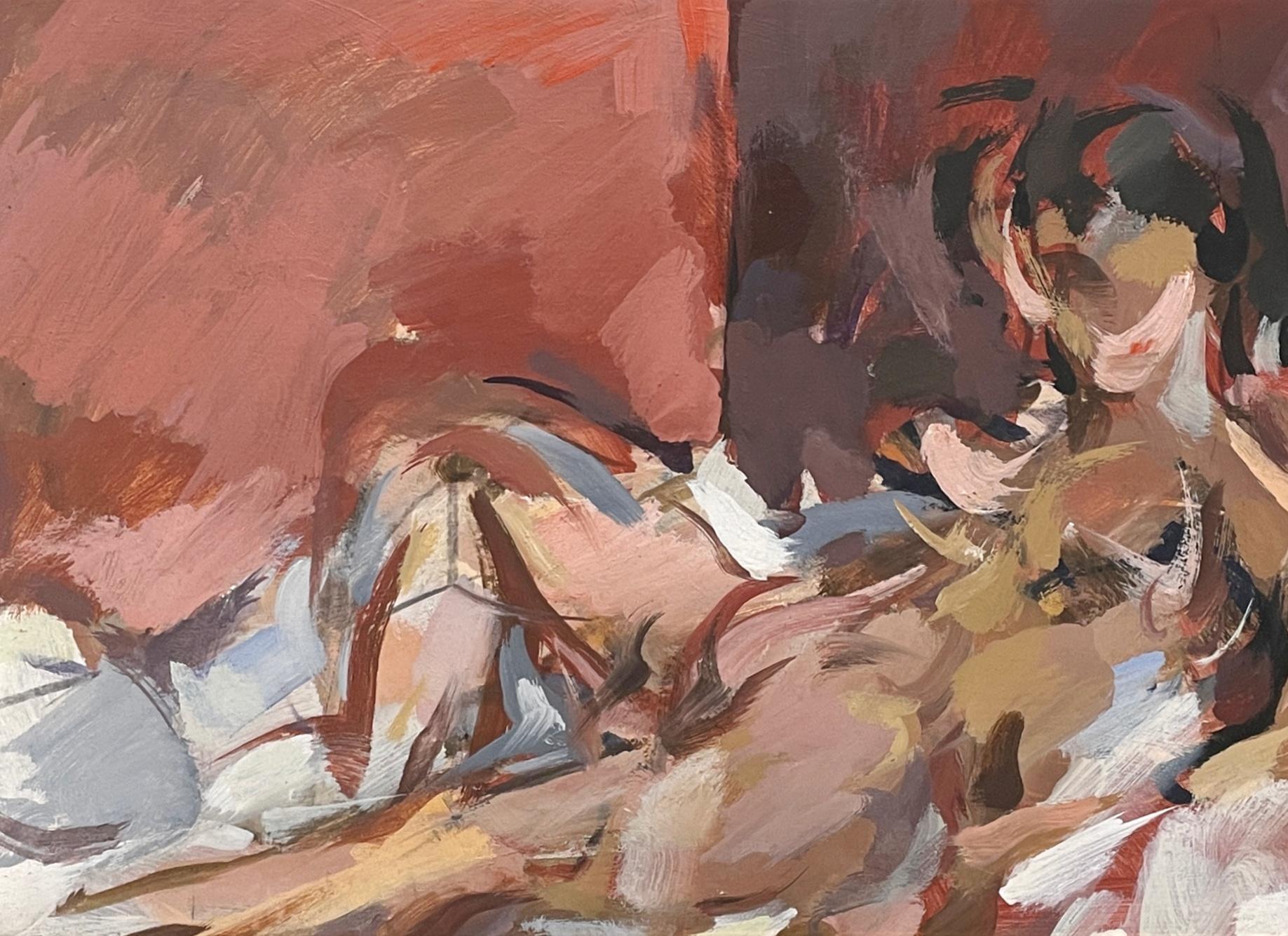 Exceptionnelle peinture à l'huile moderne du milieu du siècle dernier représentant un modèle féminin nu couché - Marron Nude Painting par Rudolph Pen