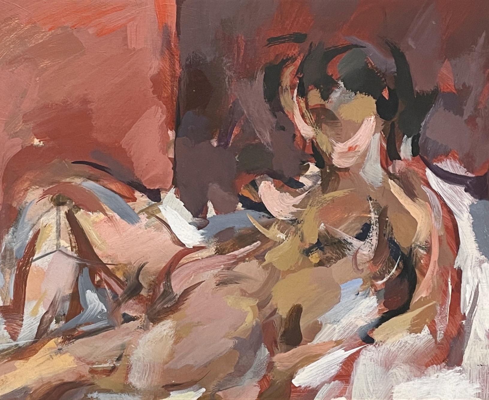 Exceptionnelle peinture à l'huile du milieu du siècle dernier représentant un modèle féminin nu couché, réalisée par le célèbre artiste de Chicago, Rudolph AT&T. Pen.   Cette séduisante scène de studio, peinte dans les années 1960, illustre le style