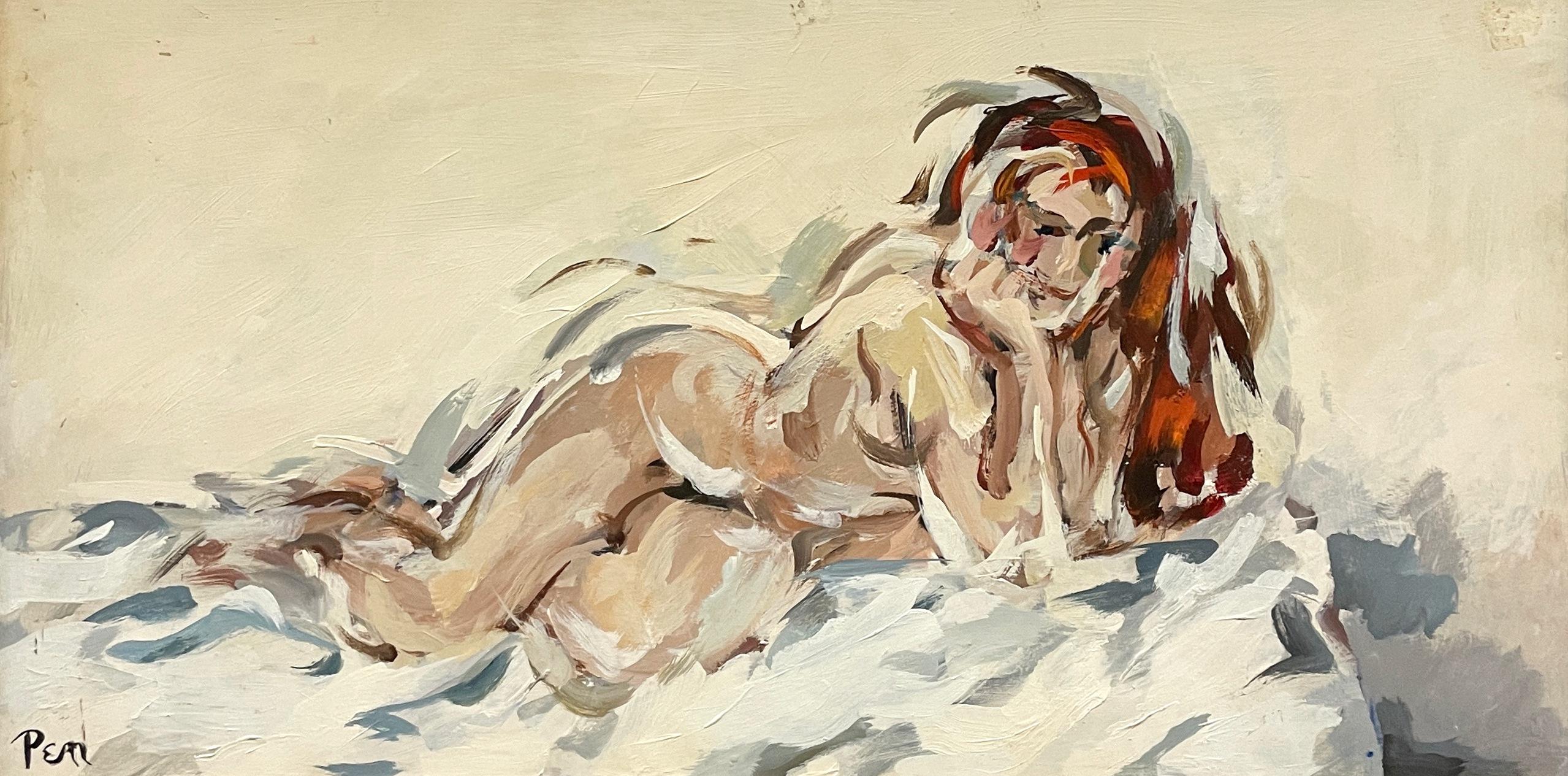 Excepcional óleo moderno de mediados de siglo de una modelo femenina desnuda reclinada