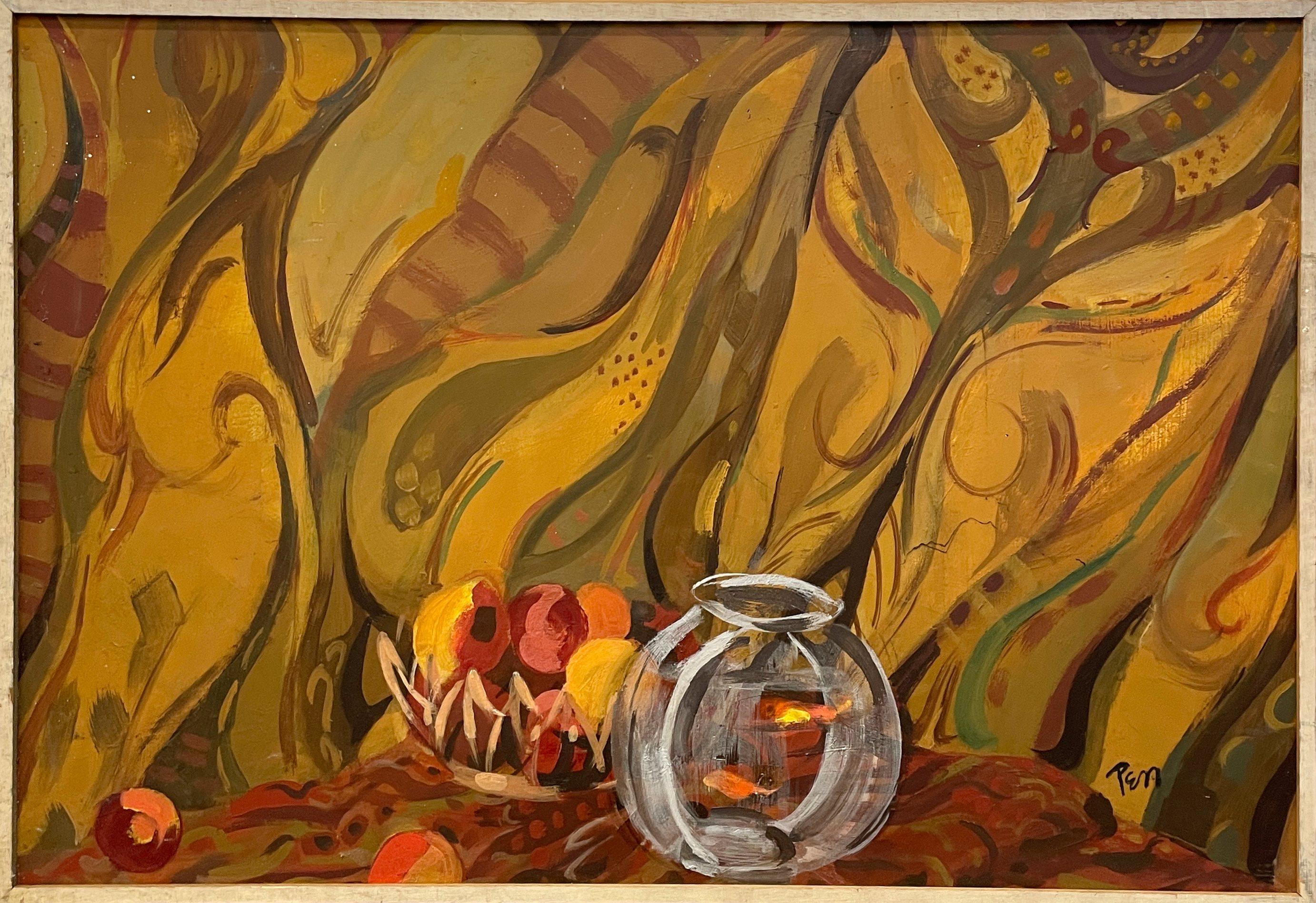 An Exceptional Mid-Century Modern Still Life Painting, Fruit and Gold Fish Bowl - Brown Interior Painting by Rudolph Pen