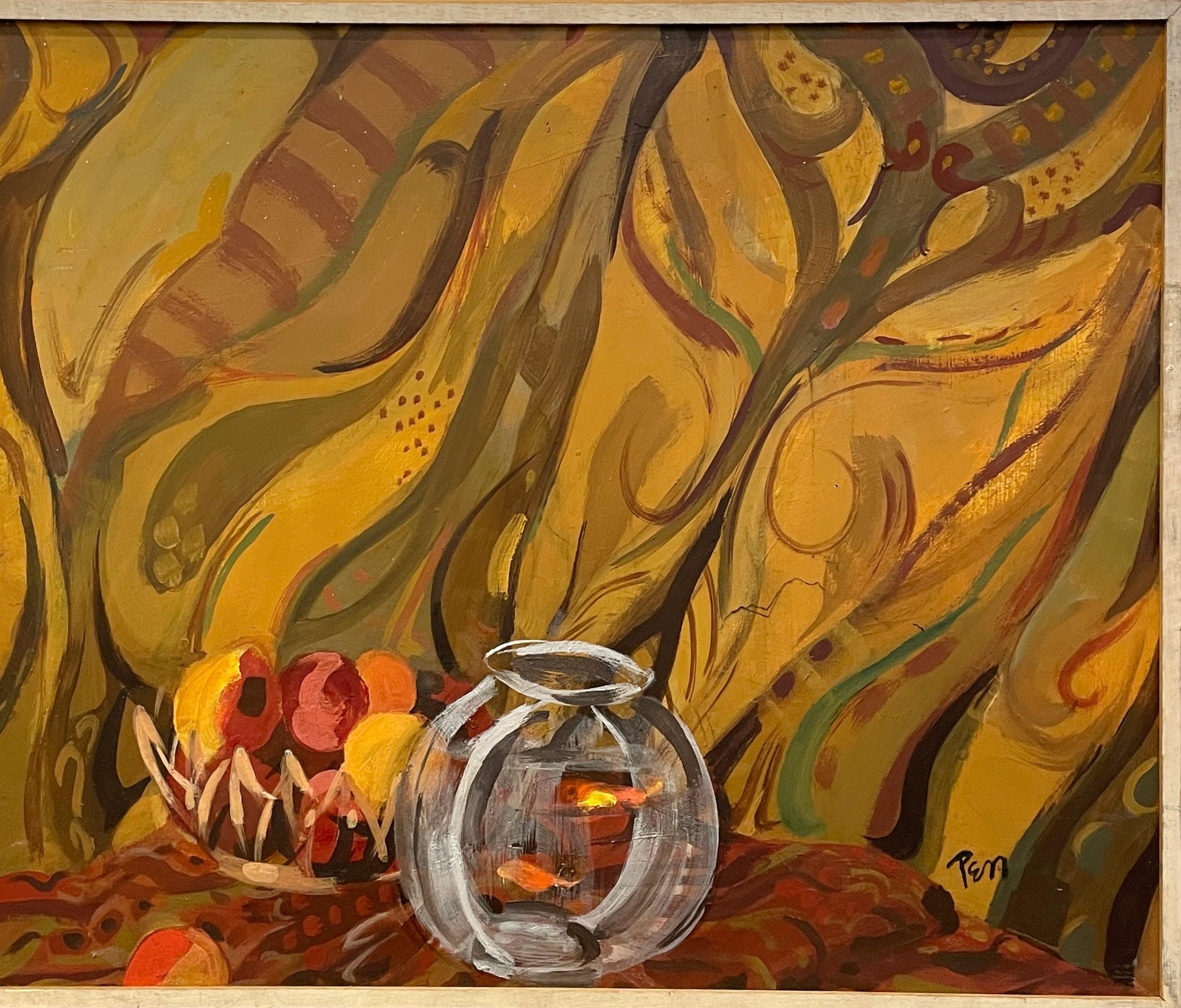 An Exceptional Mid-Century Modern Still Life Painting, Fruit and Gold Fish Bowl For Sale 1