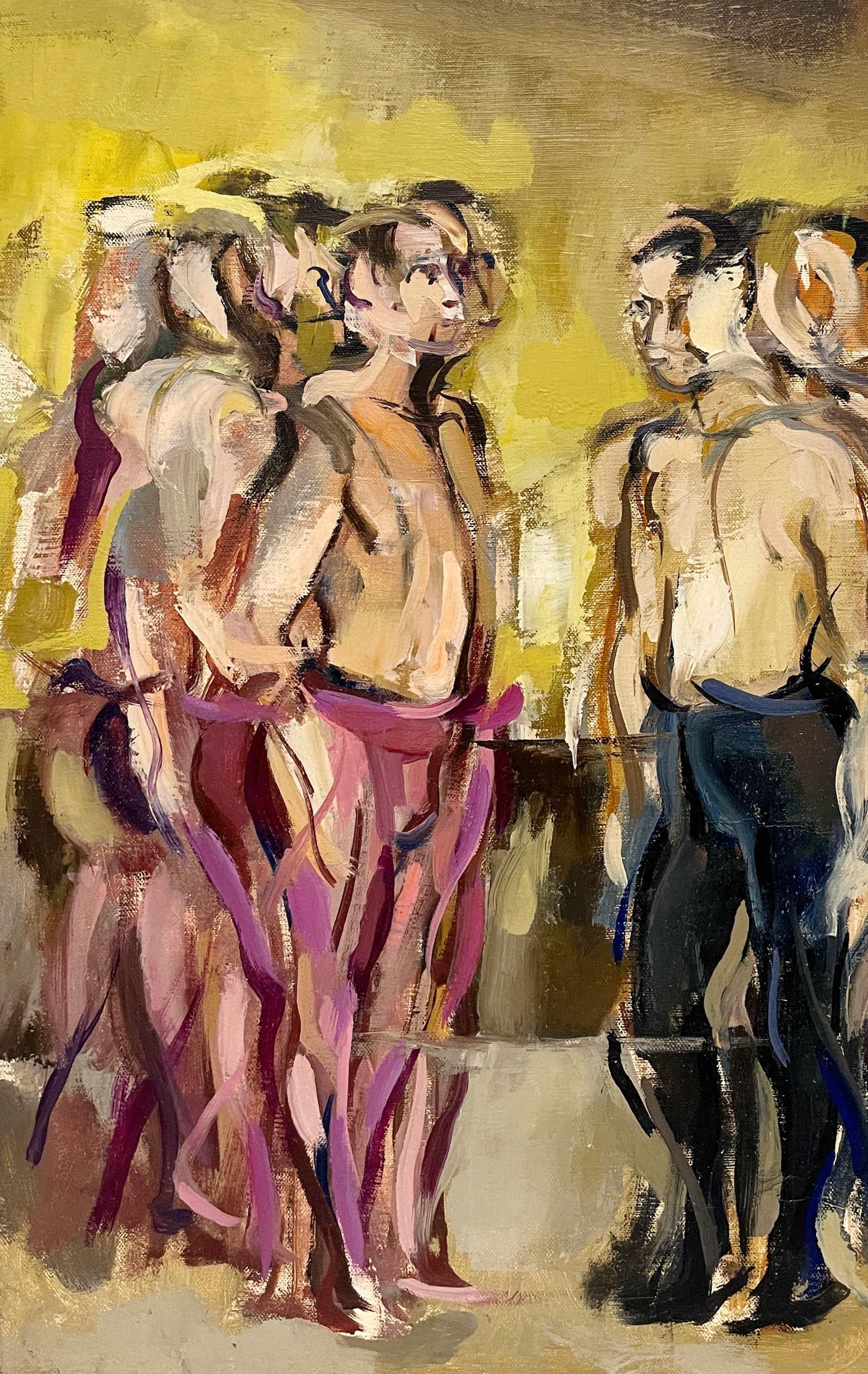 Wunderbar stilisiertes, 60er Jahre Mid-Century Modernes Öl von stehenden männlichen Balletttänzern (Braun), Nude Painting, von Rudolph Pen