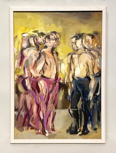 Wonderfully Stylized, 60s Mid-Century Modern Oil of Standing Male Ballet Dancers
