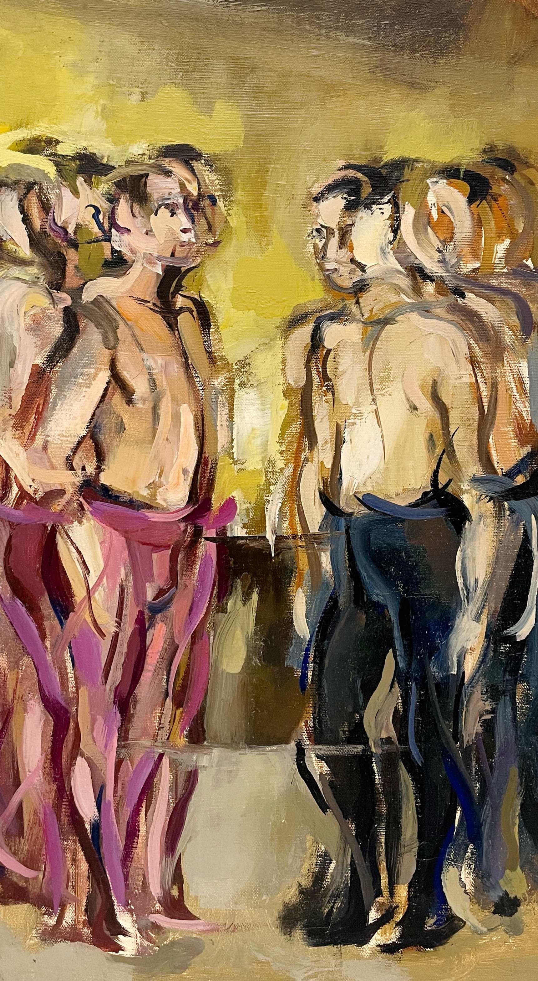 Ein wunderbar stilisiertes, 60er Jahre Mitte des Jahrhunderts modernes Ölgemälde von stehenden männlichen Balletttänzern von Rudolph T. Pen, einem bekannten Künstler aus Chicago.  Diese in den 1960er Jahren gemalte, fesselnde Tanzstudioszene ist ein