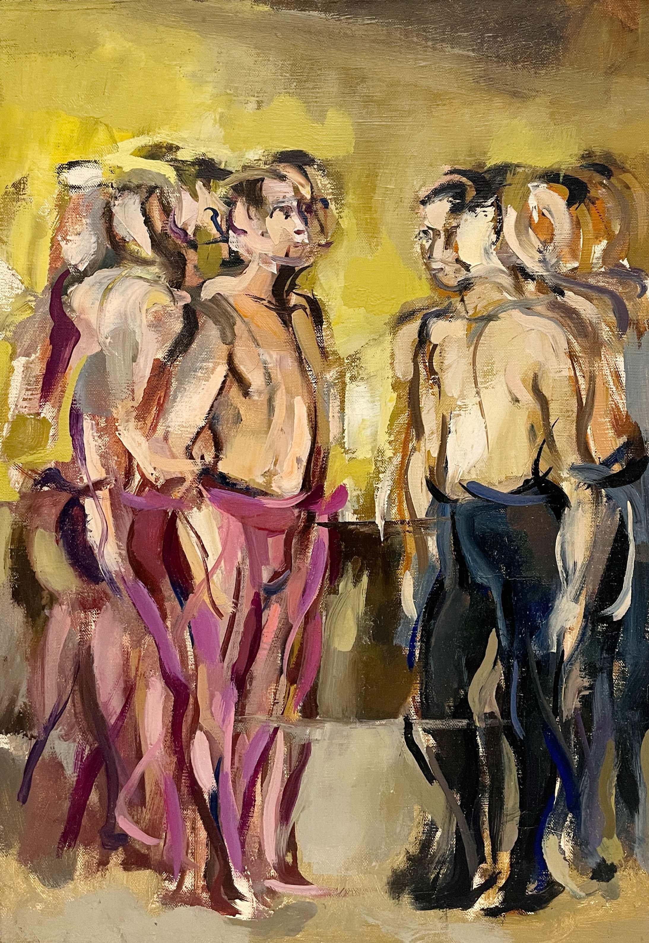 Wonderfully Stylized, 60s Mid-Century Modern Oil of Standing Male Ballet Dancers