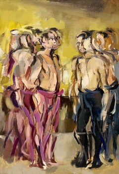 Wonderfully Stylized, 60s Mid-Century Modern Oil of Standing Male Ballet Dancers