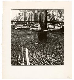 Puente de Brooklyn, NY - Grabado modernista en madera de principios del siglo XX