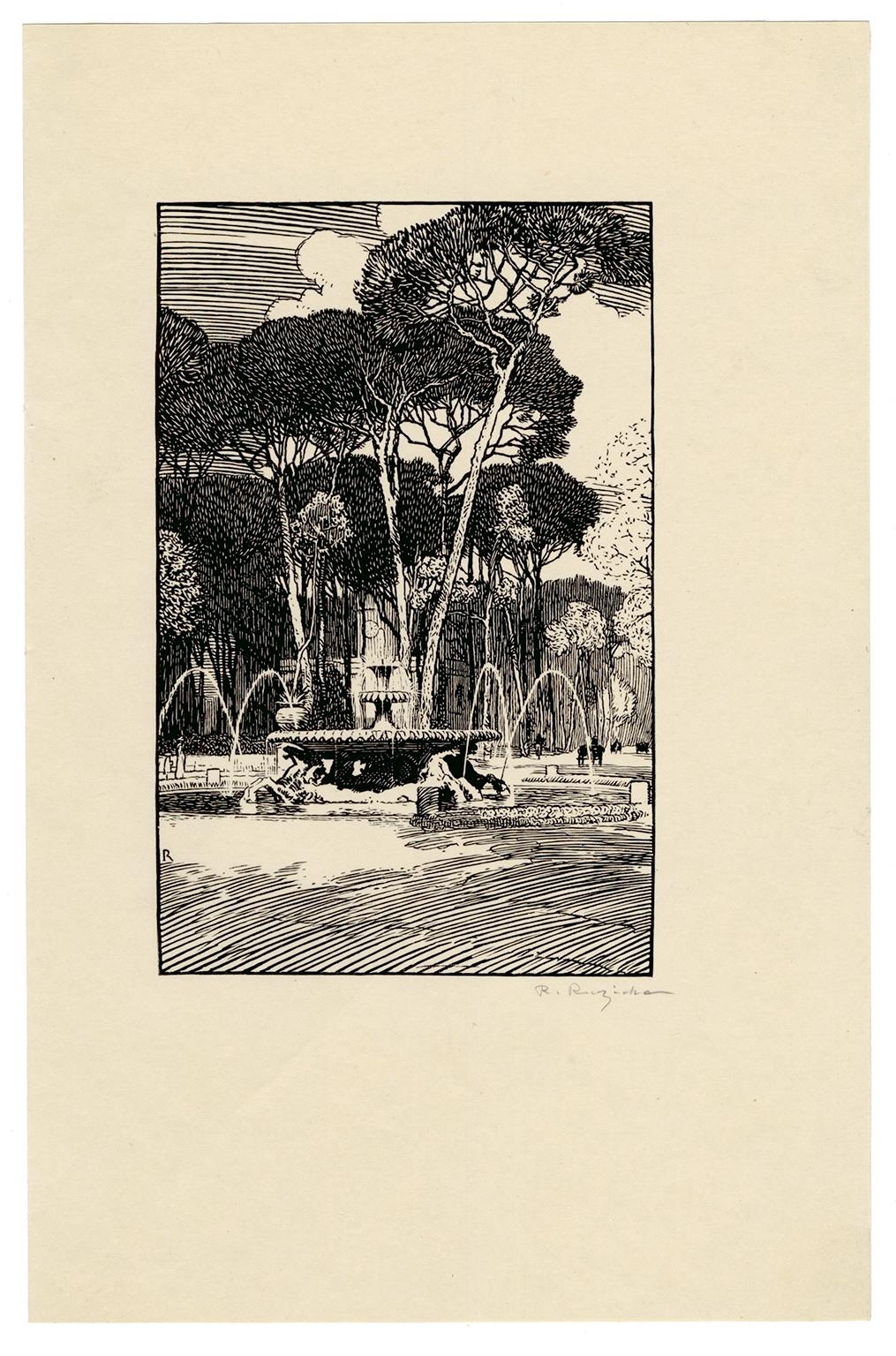 Brunnen mit Meerespferden, Rom, frühes 20. Jahrhundert – Print von Rudolph Ruzicka