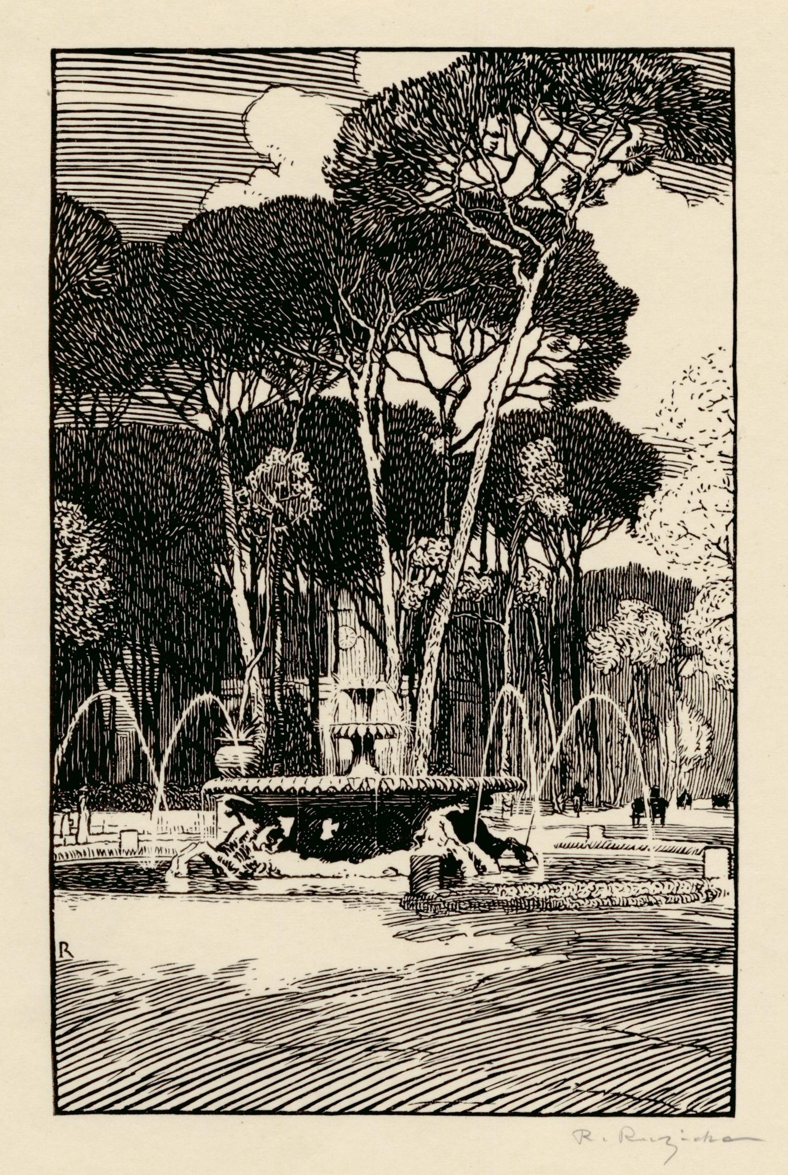 Rudolph Ruzicka Landscape Print – Brunnen mit Meerespferden, Rom, frühes 20. Jahrhundert