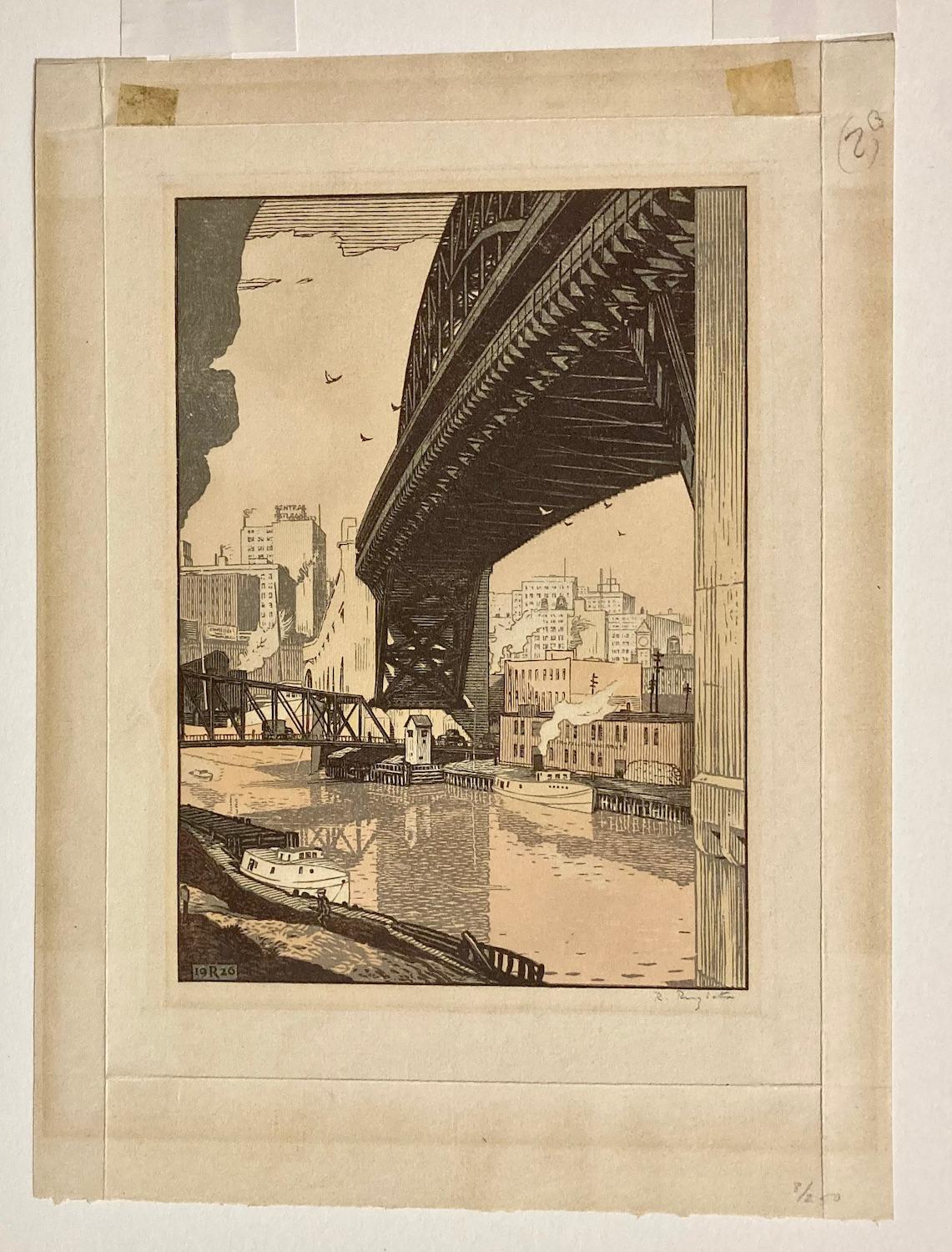 The High Level Bridge, Cleveland - Beige Figurative Print by Rudolph Ruzicka