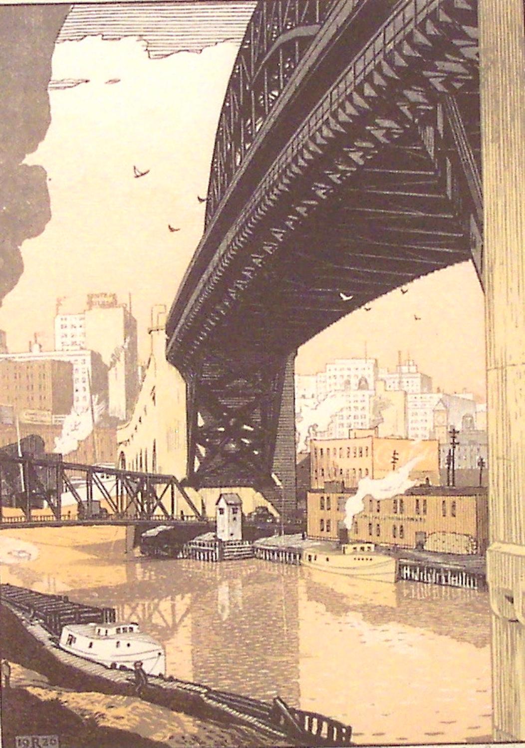 Rudolph Ruzicka Figurative Print - The High Level Bridge, Cleveland