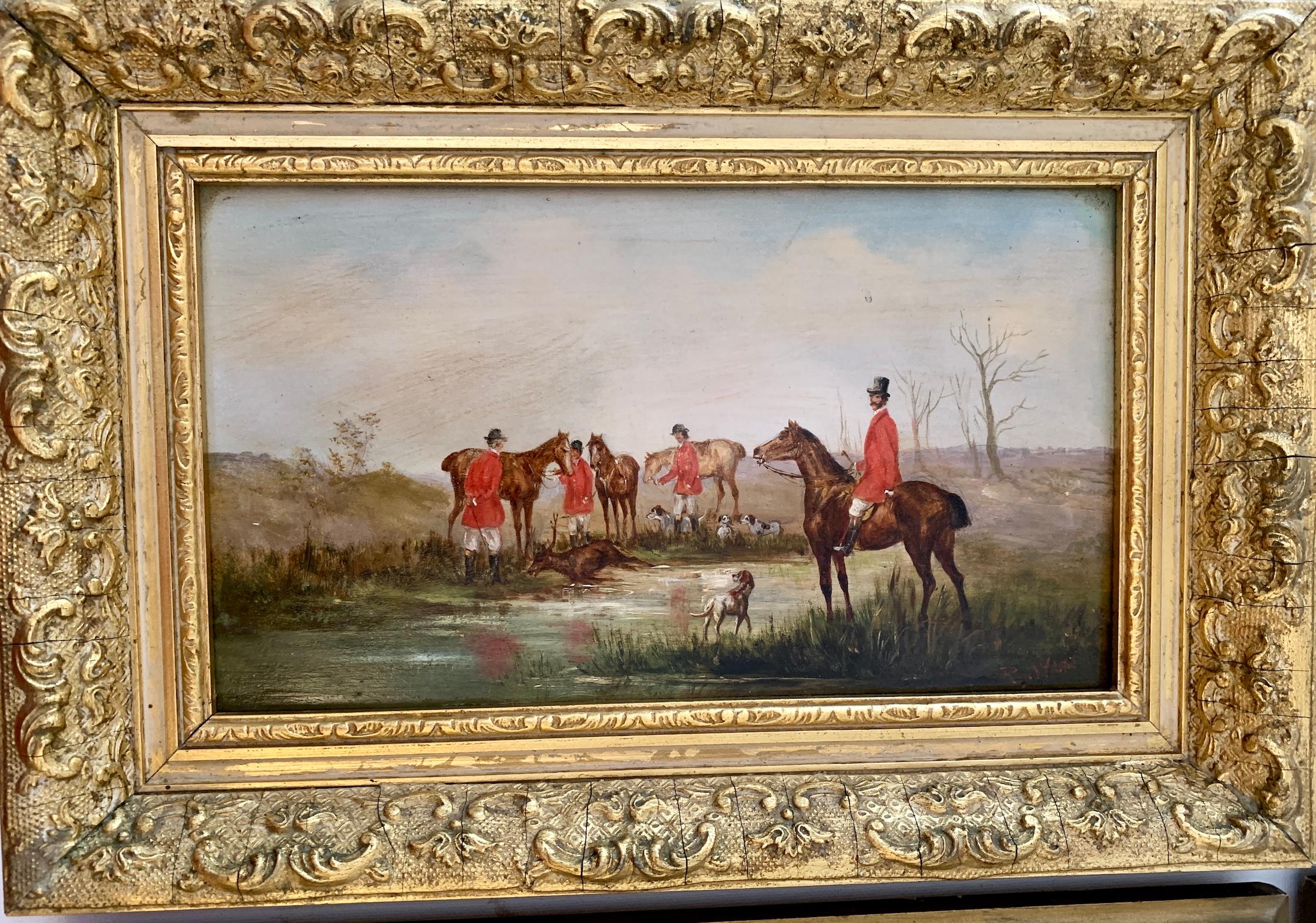 19th century Set of 4 Fox hunting scenes in a landscape, with hounds, huntsmen - Painting by Rudolph Stone