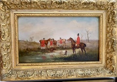 19th century Set of 4 Fox hunting scenes in a landscape, with hounds, huntsmen