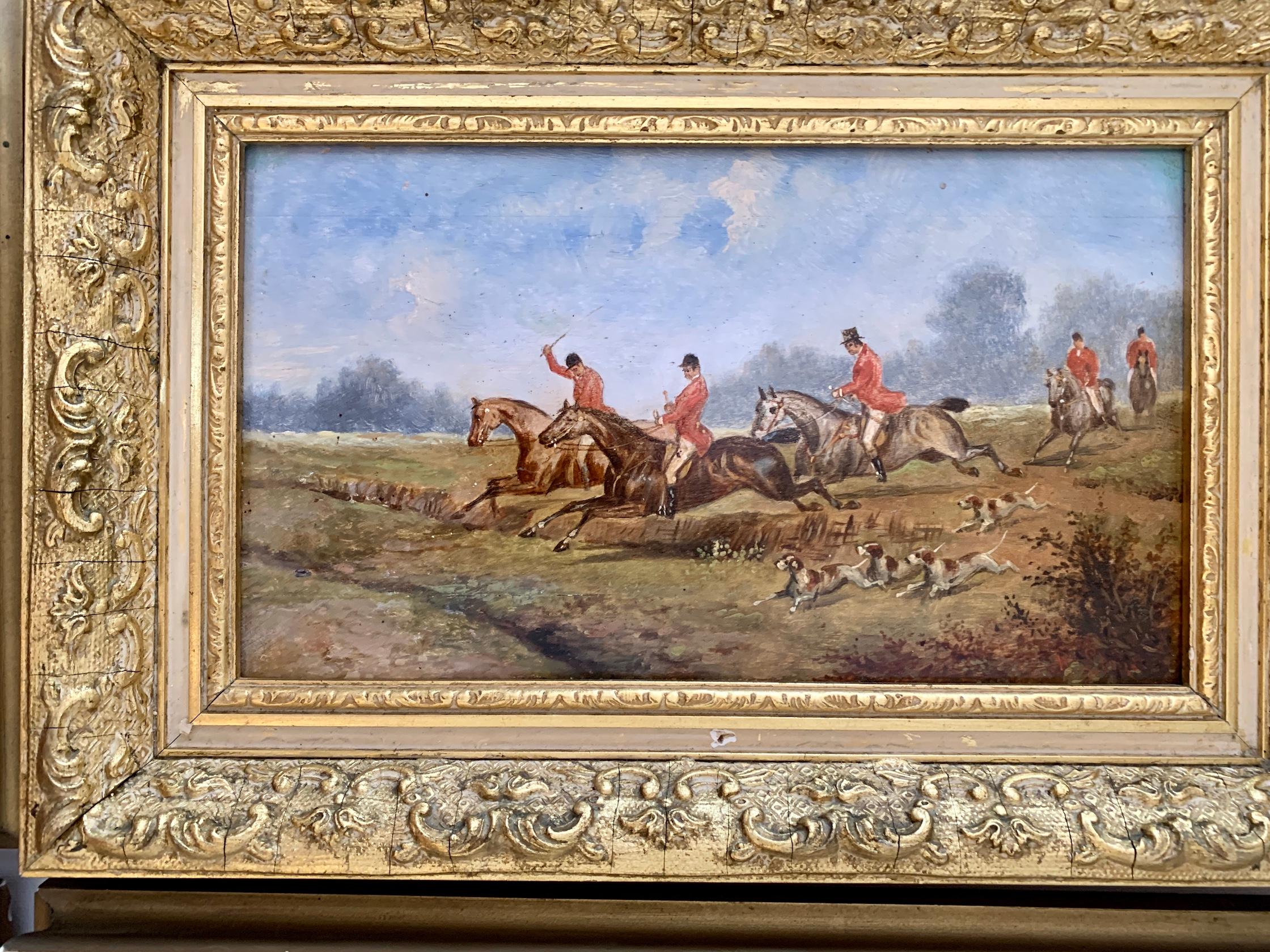 19th century Set of 4 Fox hunting scenes in a landscape, with hounds, huntsmen - Victorian Painting by Rudolph Stone