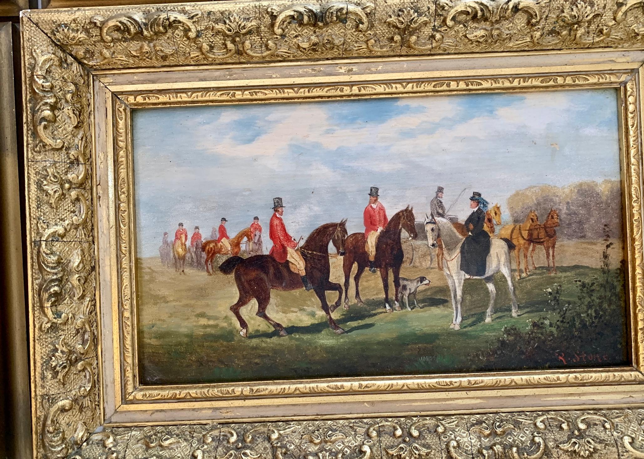 Rudolph Stone, 

English Sporting painter who specialized in fox hunting scenes. 

His paintings often came in groups of six or four and mostly the were oils on wooden panels. 

This a re a typical group by Stone, well painted in great frames that