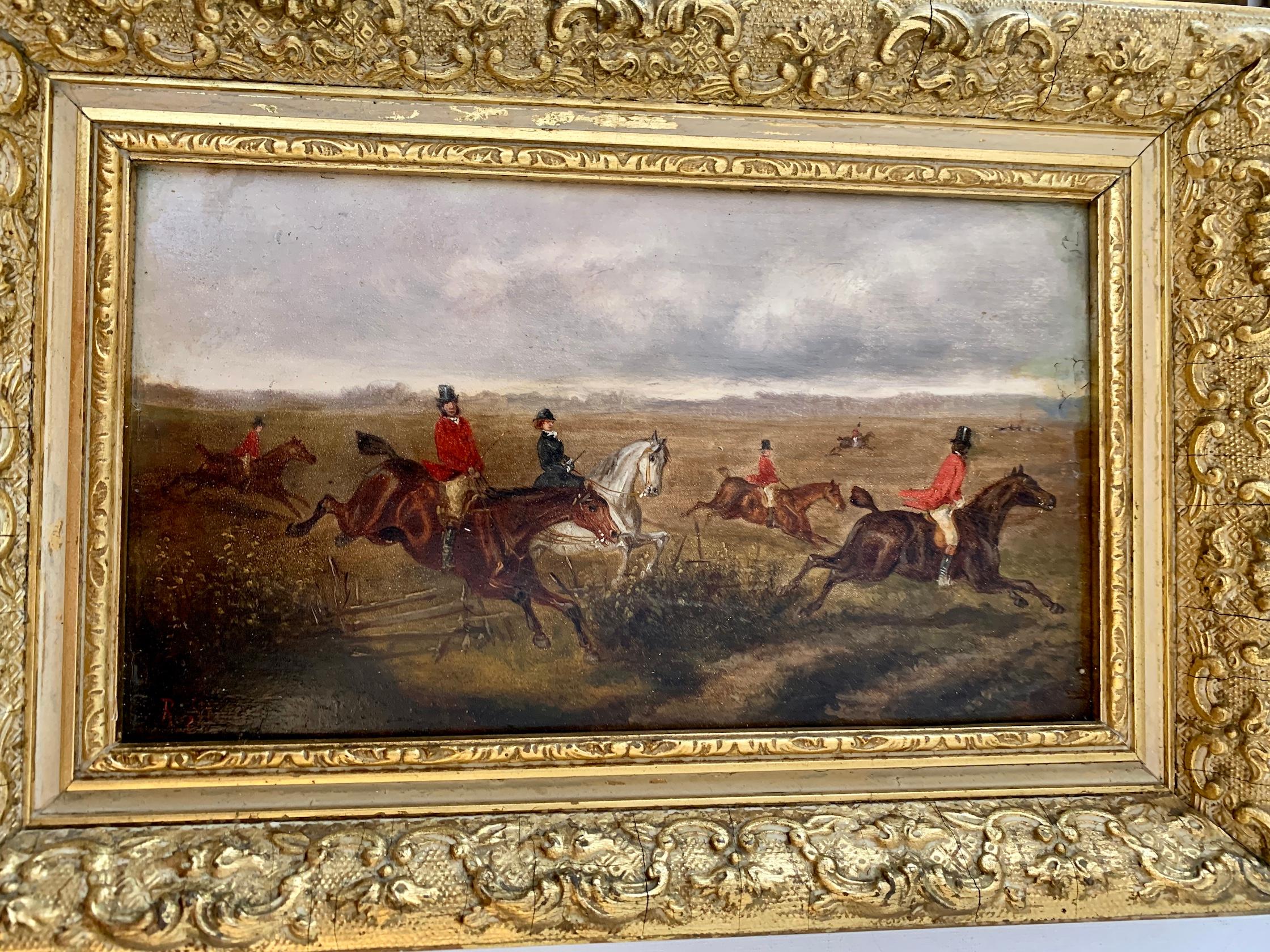 19th century Set of 4 Fox hunting scenes in a landscape, with hounds, huntsmen 1