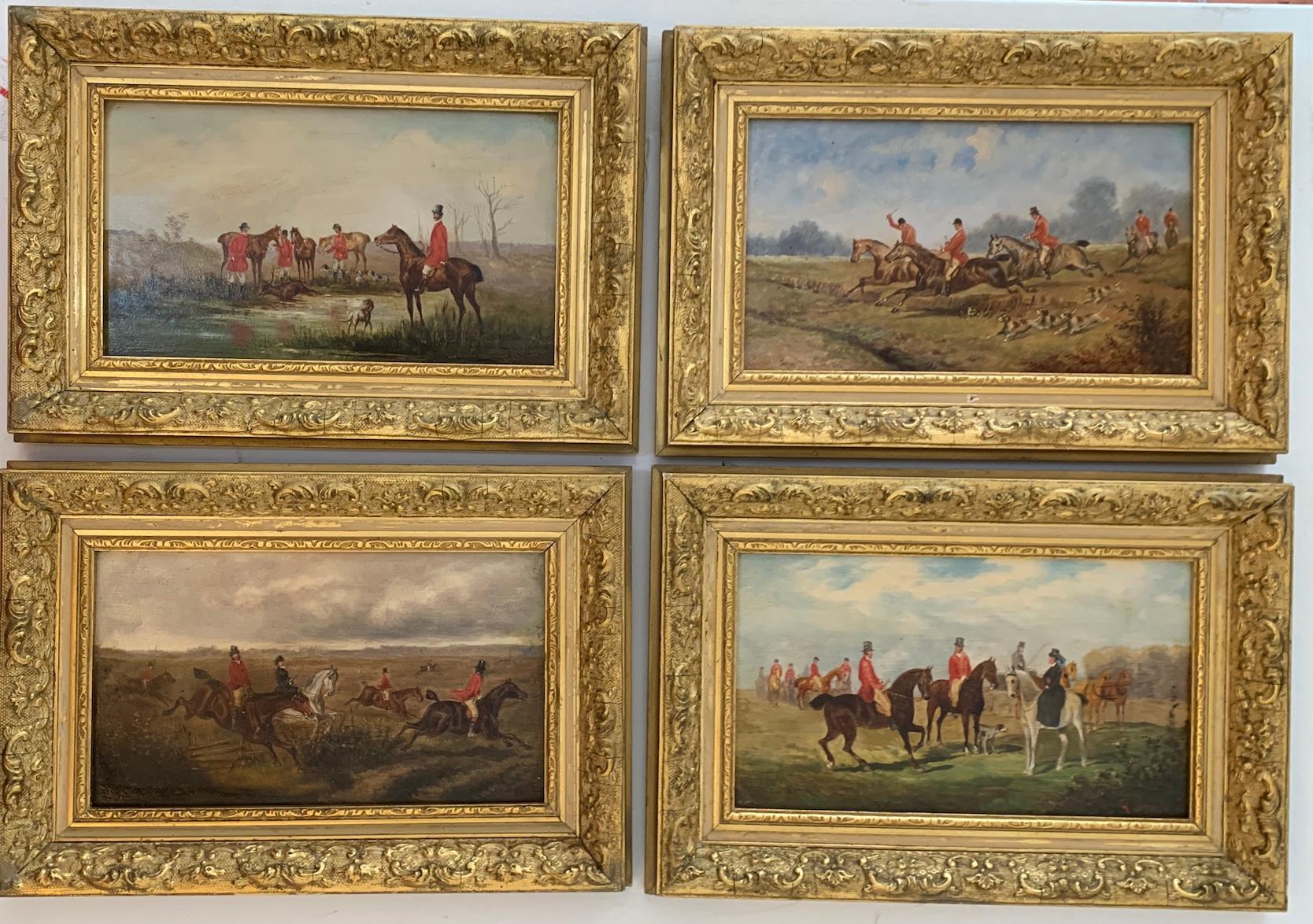Rudolph Stone Landscape Painting - 19th century Set of 4 Fox hunting scenes in a landscape, with hounds, huntsmen