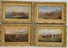 19th century Set of 4 Fox hunting scenes in a landscape, with hounds, huntsmen