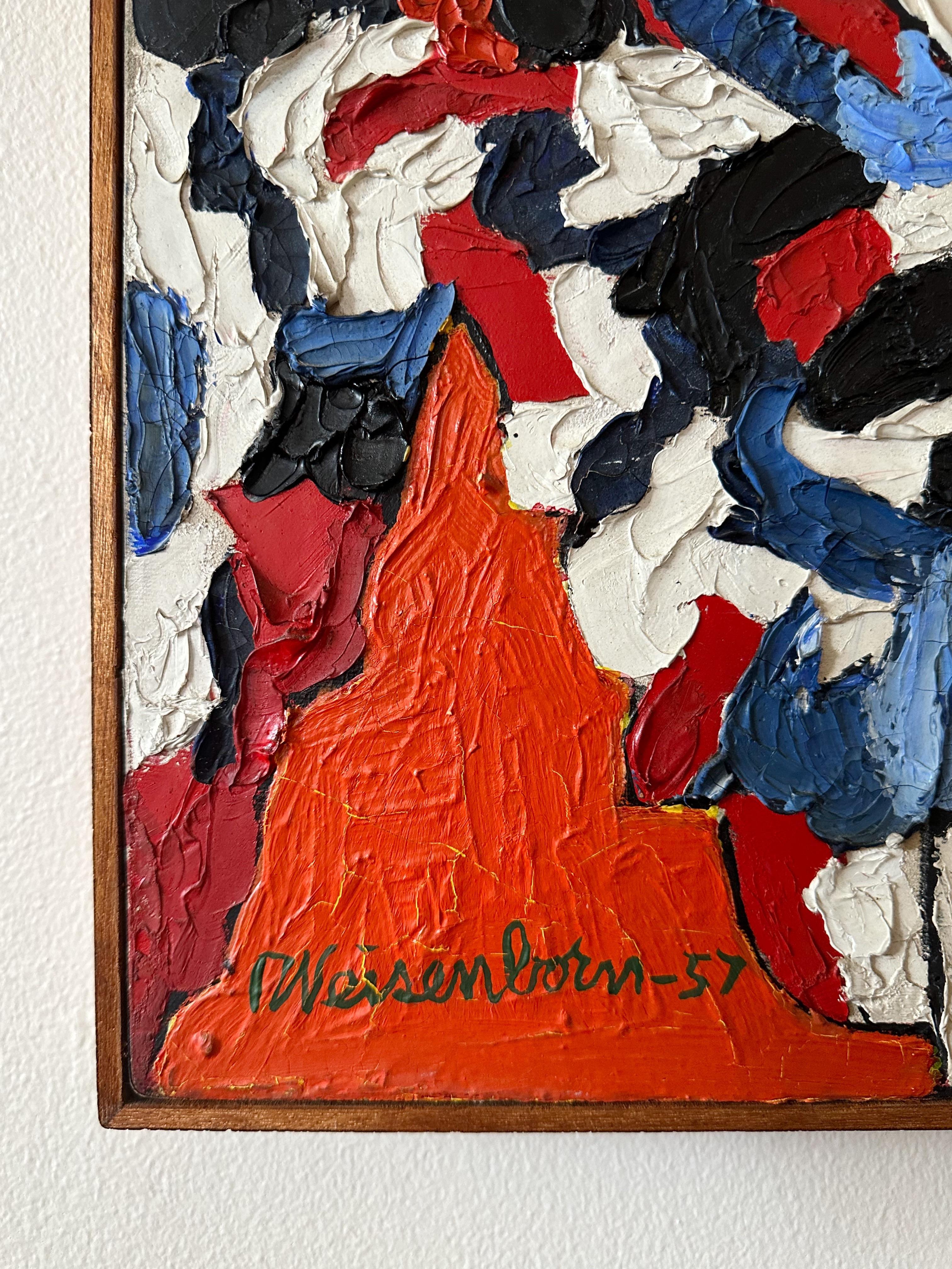 
Rudolph Weisenborn (1879-1974) Colorful abstract painting in heavy impasto oil on canvas by renowned Chicago artist Rudolph Weisenborn. Signed on bottom right front Wesisenborn '57. In original wood frame. 

BORN: October 30, 1879[1] Chicago
DIED: