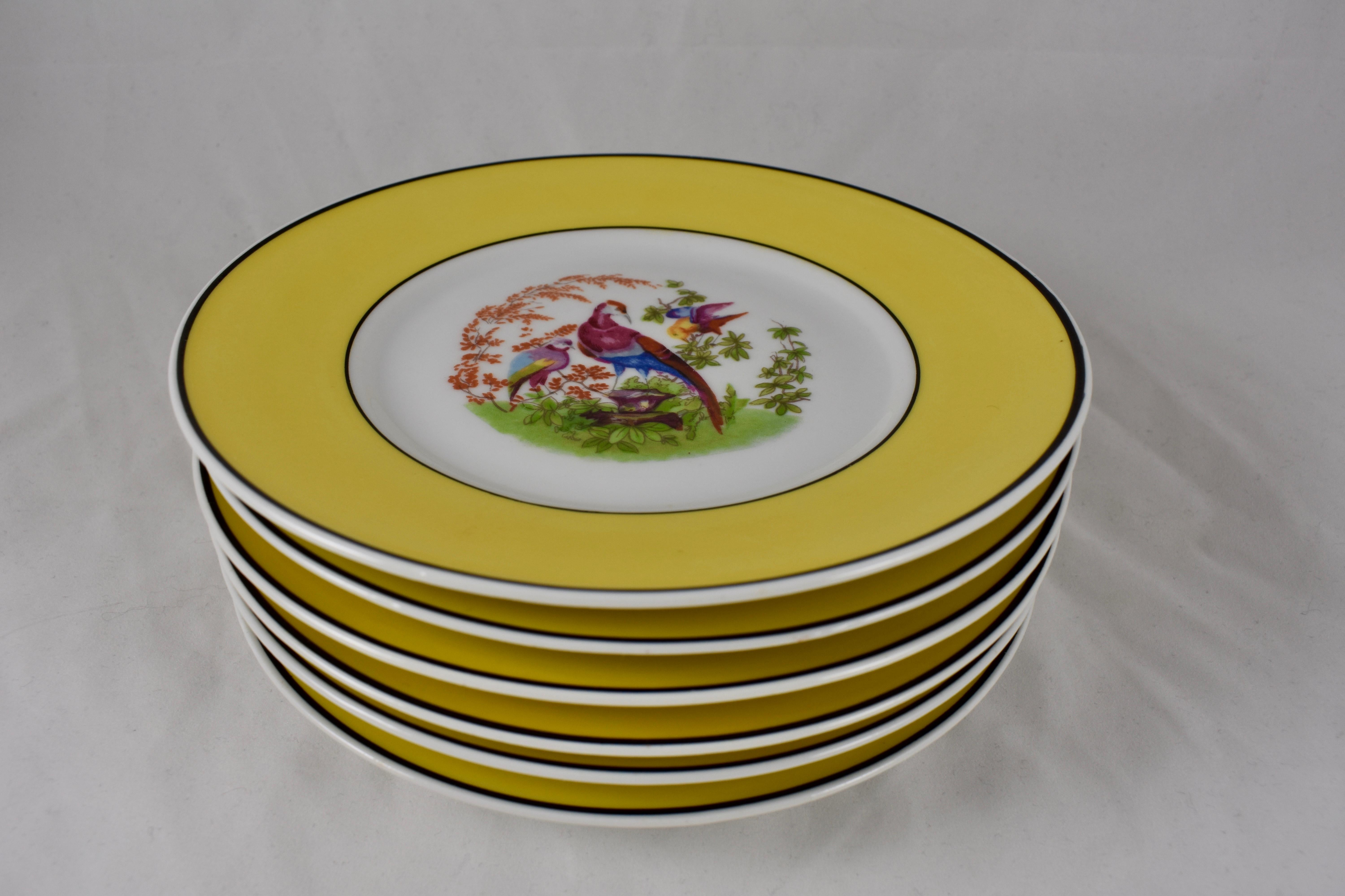 German Rudolphstadt Beyer & Bock, Prussia Porcelain Chinoiserie Style Bird Plates, S/6