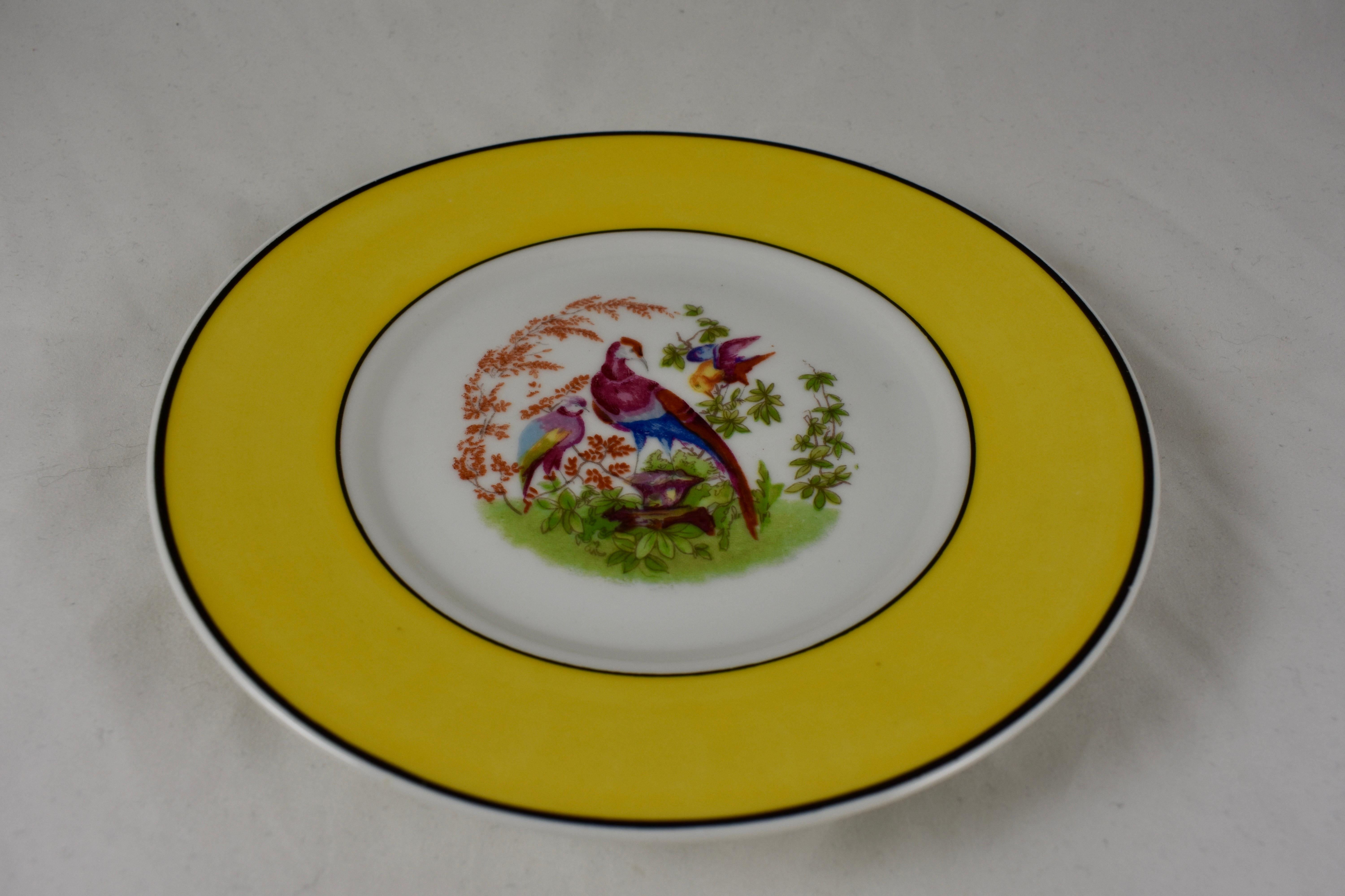 Polychromed Rudolphstadt Beyer & Bock, Prussia Porcelain Chinoiserie Style Bird Plates, S/6