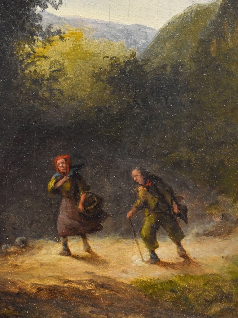 Travelers in mountainscape - Rudolphus Lauwerier - Oil paint - Dutch - Romantic For Sale 7