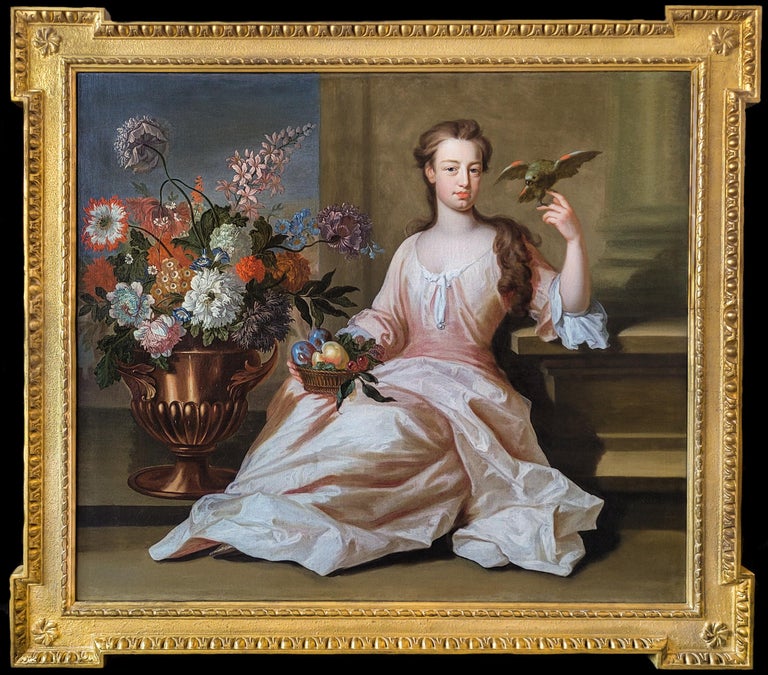 Rare Portrait of Lady with Vase of Flowers, Signed Dated 1714, Master Painting - Black Portrait Painting by Rudolphus Schmutz