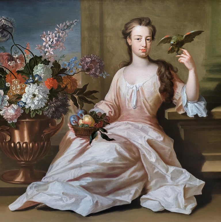 Rare Portrait of Lady with Vase of Flowers, Signed Dated 1714, Master Painting For Sale 1