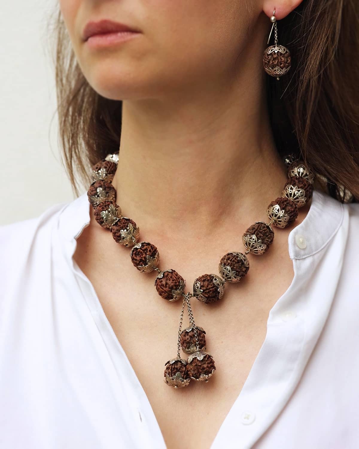 Women's Rudraksha silver set, necklace, bracelets, earring, brooch from 1950's India For Sale
