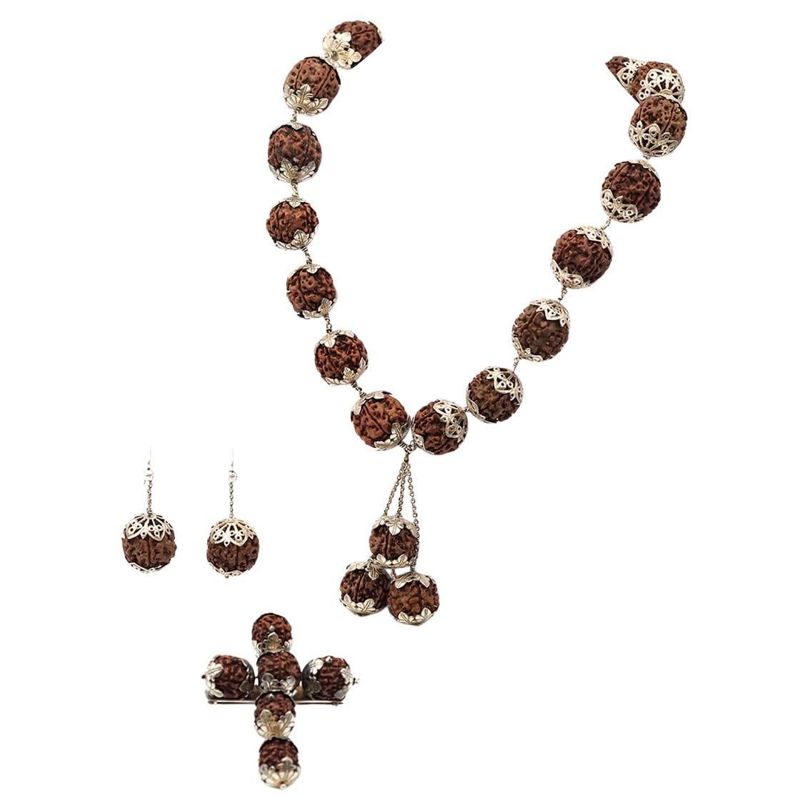 Rudraksha silver set, necklace, bracelets, earring, brooch from 1950's India For Sale