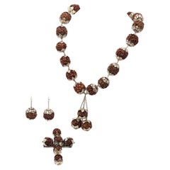 Rudraksha silver set, necklace, bracelets, earring, brooch from 1950's India