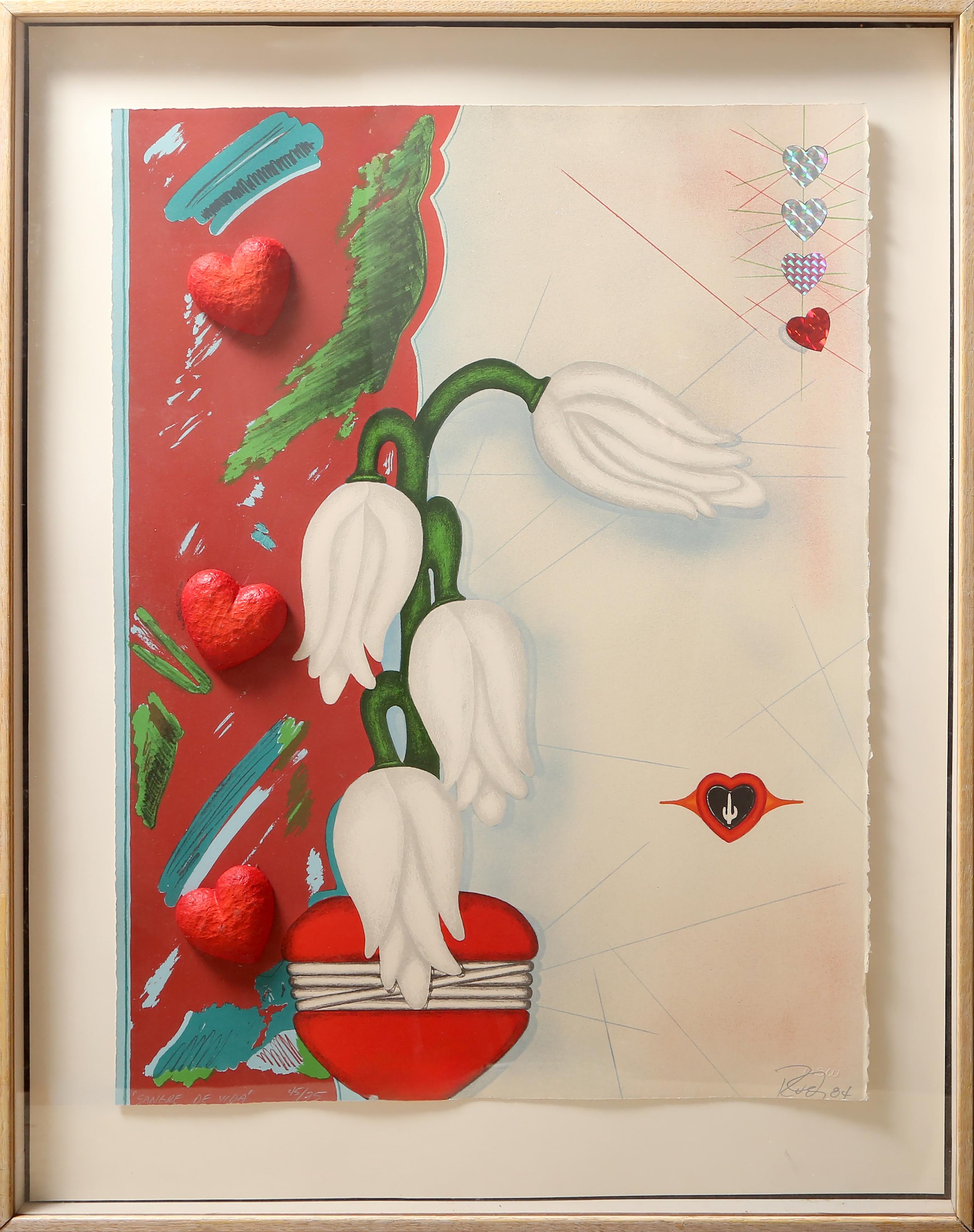 Rudy Fernandez, Amerikaner (1948 - ) - Sangre de Vida, Jahr:  1984, Medium:  Lithographie und 3-D-Collage, signiert, nummeriert, betitelt und datiert mit Bleistift, Auflage:  45/75, Größe:  31.75 x 24 in. (80.65 x 60.96 cm), Rahmengröße:  39 x 30,5