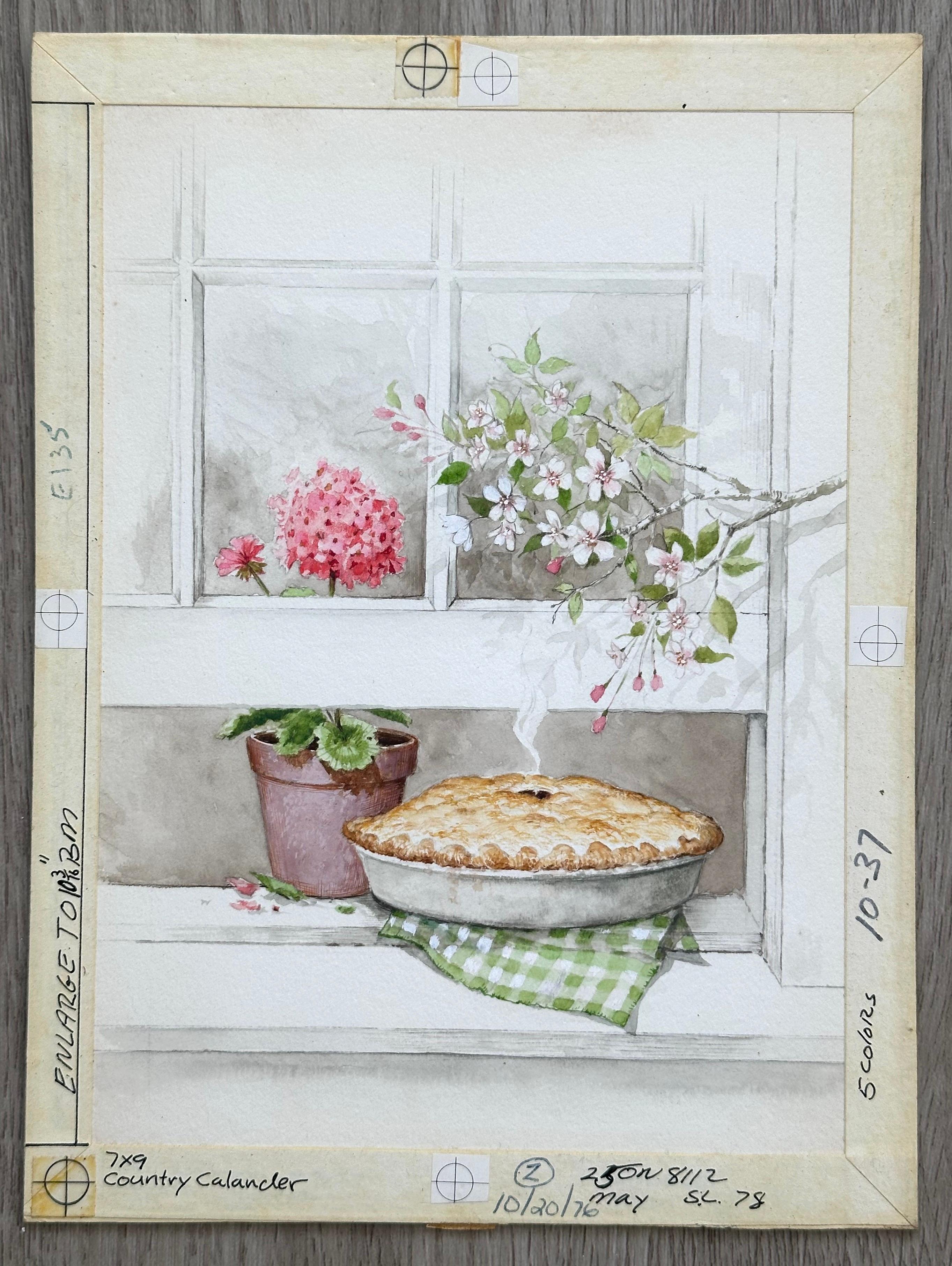 Pie Cooling at Window Floral Still Life (Country Calendar Illustration) - Painting by Rudy Nappi