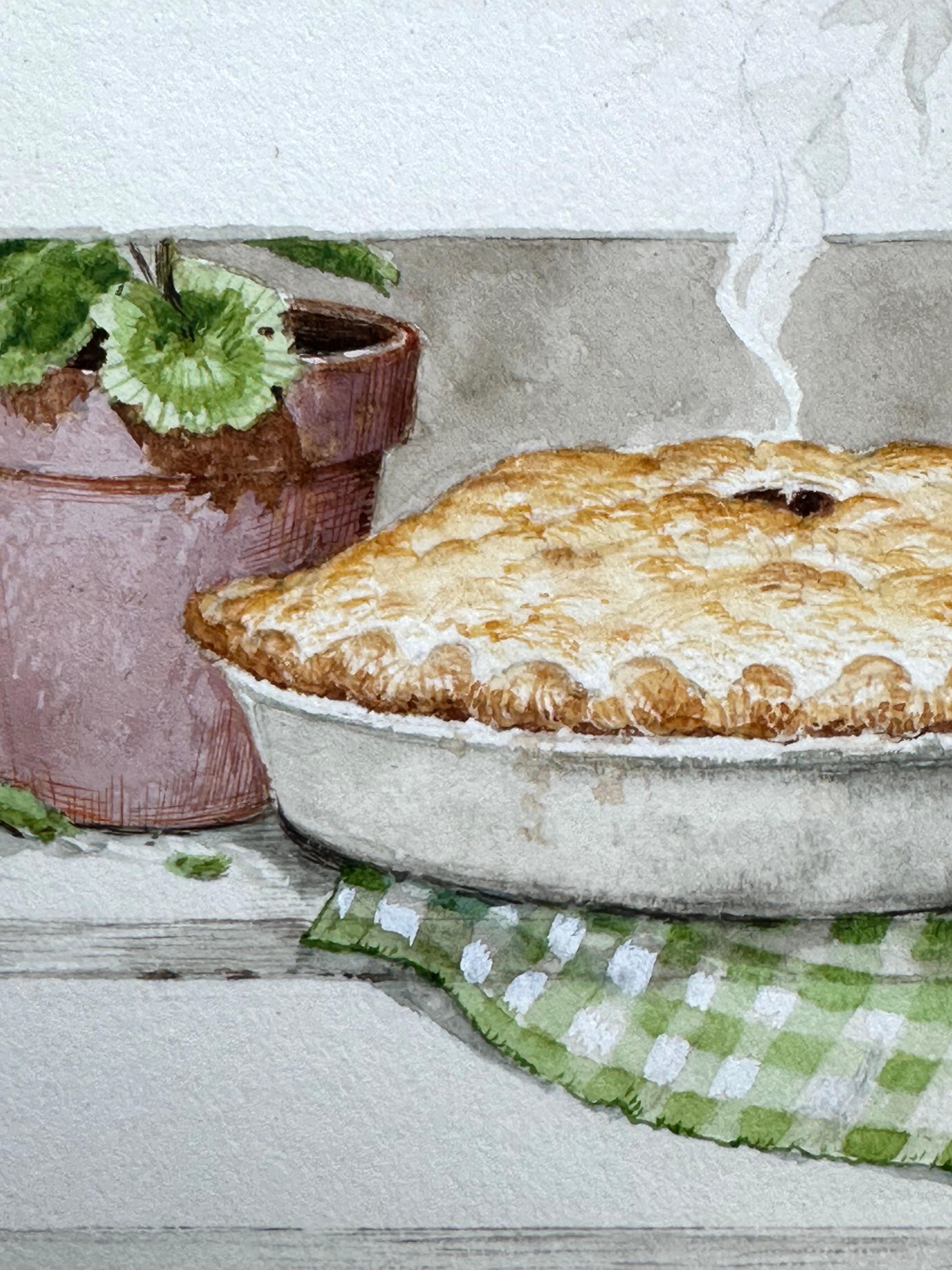 Pie Cooling at Window Floral Still Life (Country Calendar Illustration) - Realist Painting by Rudy Nappi