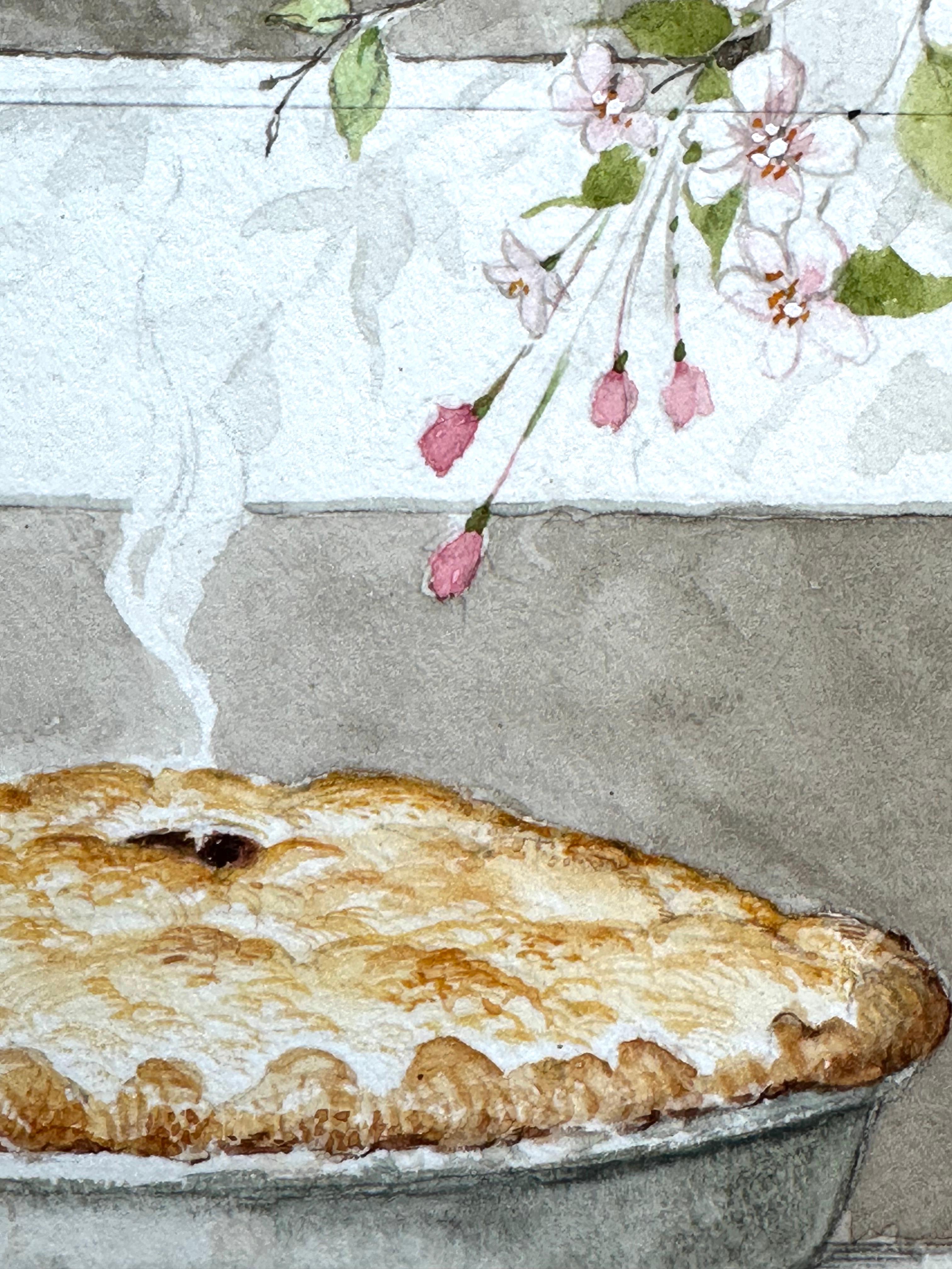 Pie Cooling at Window Floral Still Life (Country Calendar Illustration) For Sale 1
